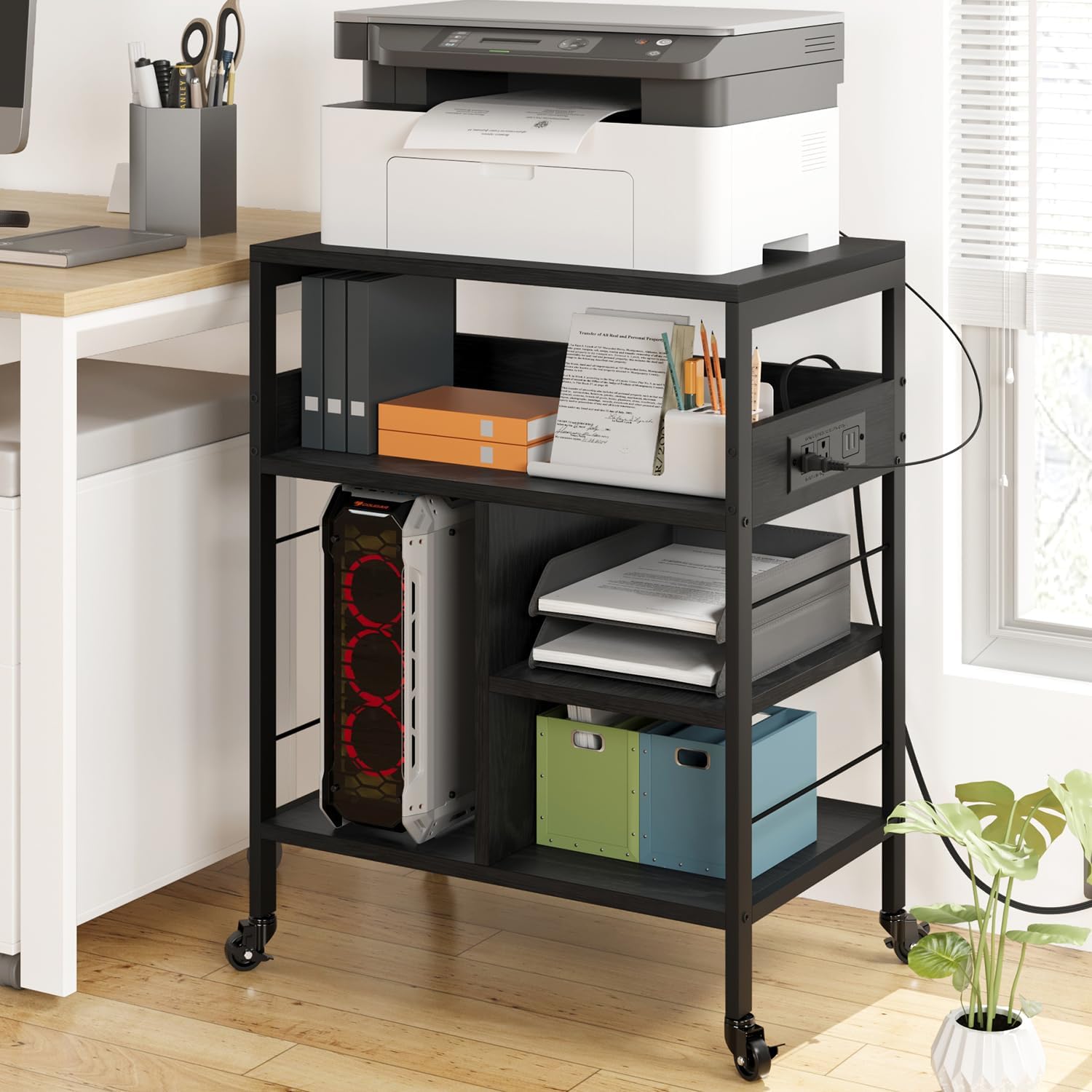 Costway rangement bureau, support d'imprimante 3 niveaux avec étagères, hauteur réglable, roues verrouillables (noir Costway rangement bureau, support d'imprimante 3 niveaux avec étagères, hauteur réglable, roues verrouillables (noir