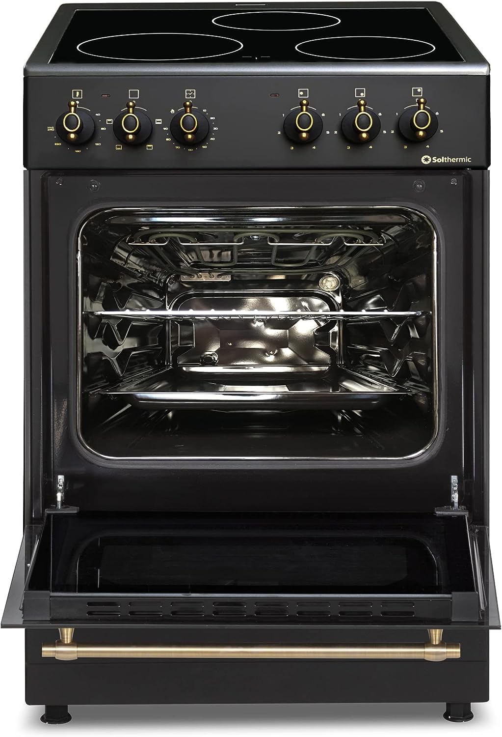 SOLTHERMIC COMBO PACK NEGRO RÚSTICO COCINA VTC con HORNO 50L 50X50 + CAMPANA DE 60 H60PR (3 fuegos, gran potencia de extración)