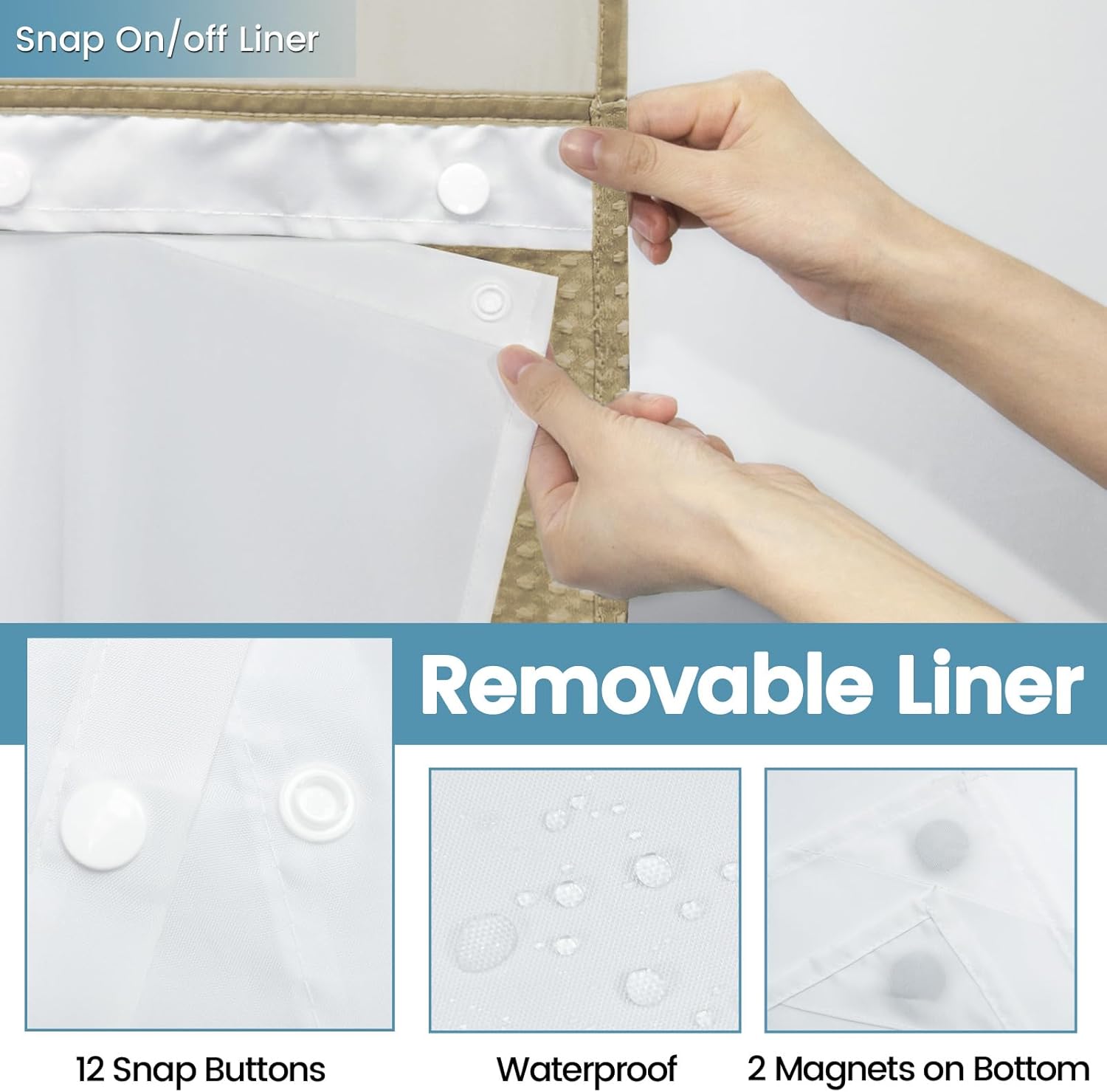 Beige Long No Hook Shower Curtain with Snap in Liner,230GSM Waffle Weave Shower Curtains for Bathroom,71W x 86H