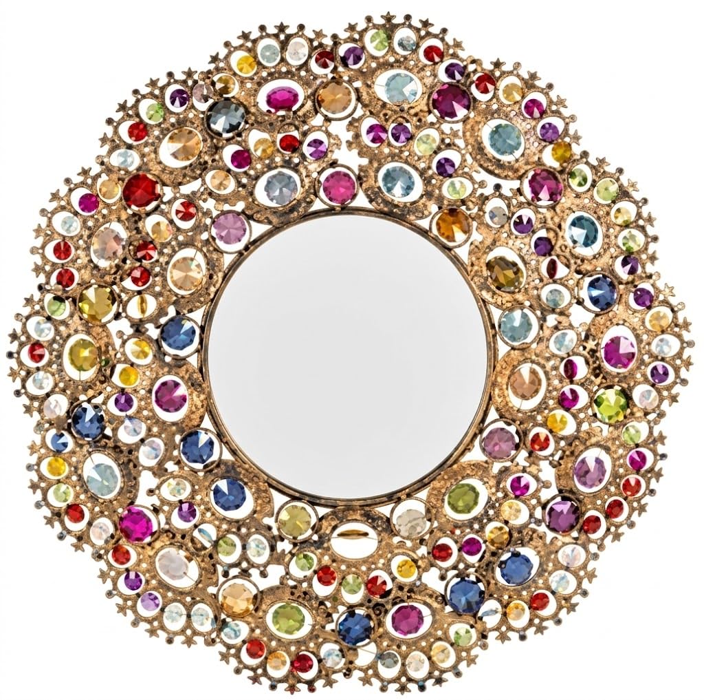 Miroir rond mural en verre avec embouts colorés de style ethnique