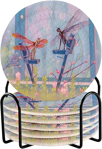 Dragonfly Green Blue Drink Coasters Set 4 Inch Set with Holder 6 Pack Absorbent Coasters for Drinks Absorbent Bar Essentials for Home Office Decor