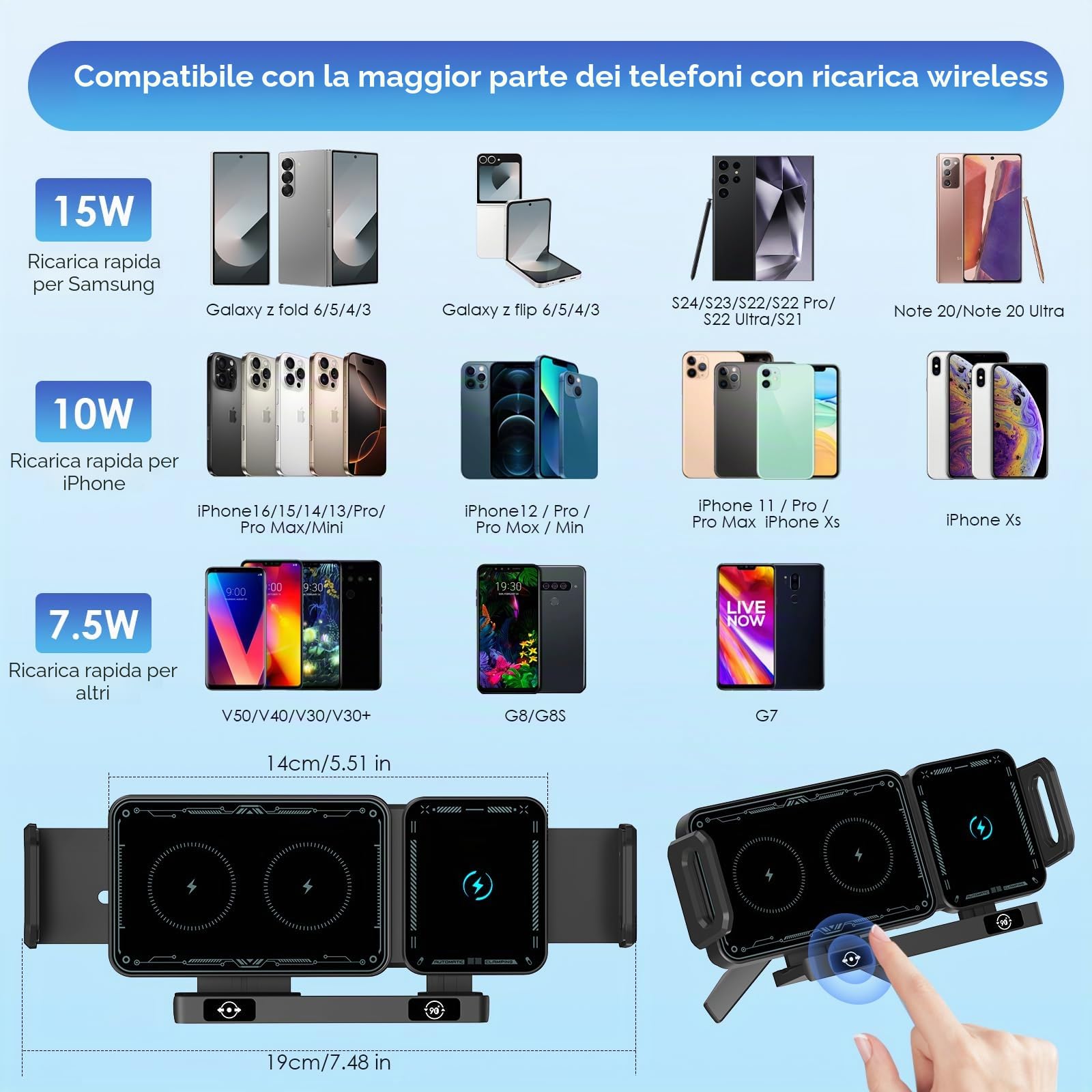 Supporto per cellulare auto per Galaxy Z Fold 6 5 4 3 2 con funzione di ricarica 15 W Dual Coils QC 3.0 Fast Wireless Charger Auto per Z Fold può ruotare automaticamente il supporto auto senza