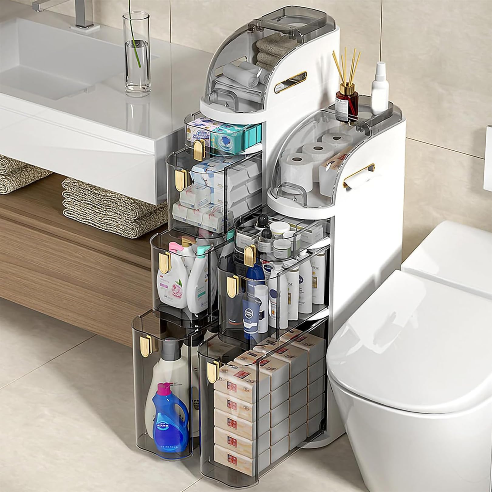Aufbewahrungsschrank Badezimmer-Bodenaufbewahrungsschrank 7″ schmaler, schmaler Organizer, seitliche Eckeinheit mit Griff, Rollen, durchsichtige Schubladen für kleine Küchen, Waschküche, Wohnzimmer, T