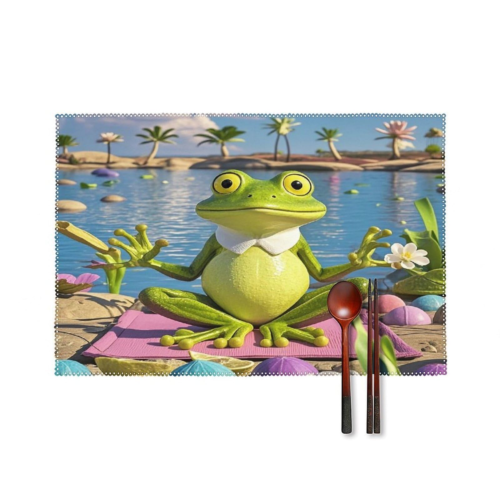 Funny Yoga Frog Placemat Cute Non-Slip Place Mats for Dining Table Classic Washable Placemats Set of 4 Square Outdoor Decoration Table Mats for Kitchen Home Party
