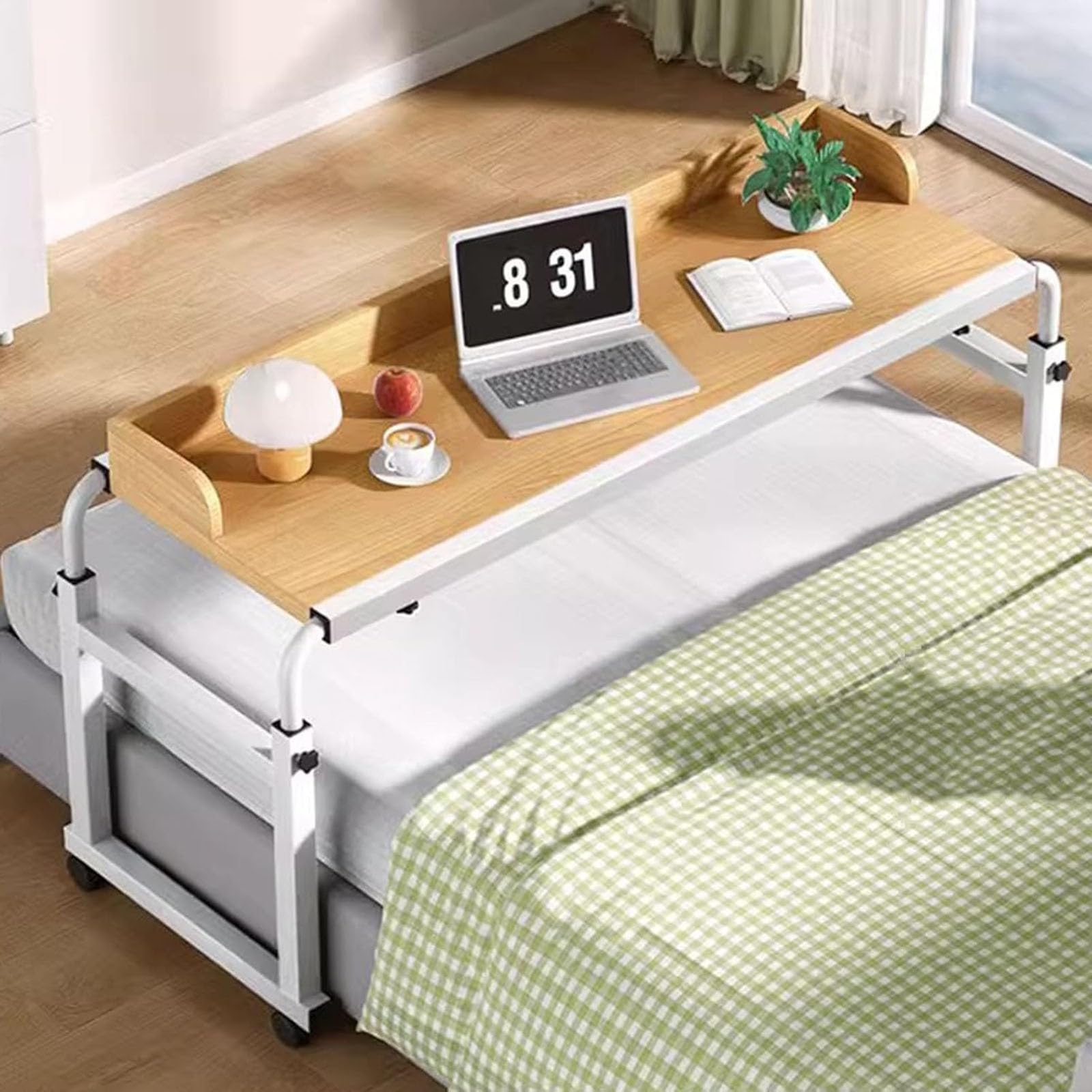 Mesa con Ruedas, Rolling Bed Laptop Desk Lap Desk Bed Escritorio de Ordenador Ajustable en Altura Estación de Trabajo de pie Bandeja de Comida Mesa para sofá Silla Cama Queen Size(Natural)