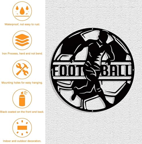 Miniatura 3 de NBEADS Decoración de pared de metal con temática de fútbol, decoración plana redonda negra mate para colgar en la pared, arte de pared para el
