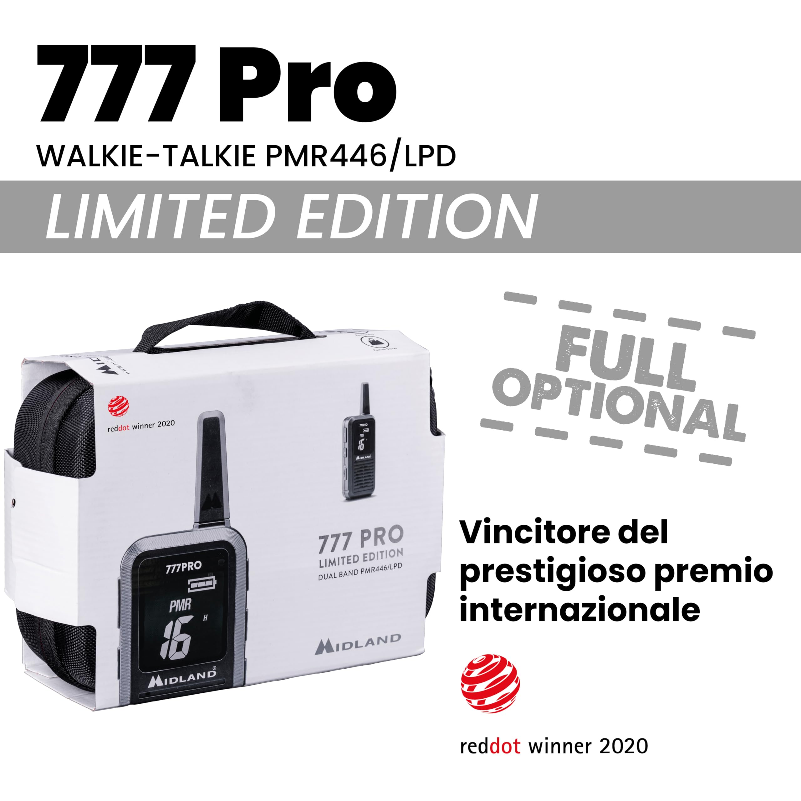 Midland - Walkie Talkie 777 Pro Limited Edition, 2 Ricetrasmittenti 85 Canali PMR446/LPD, 38 CTCSS, VOX, 2 Batterie, Display LED, 2 Cuffie MA21-777 Pro, Caricatore Doppio, 1 Cavo MicroUSB, Valigetta