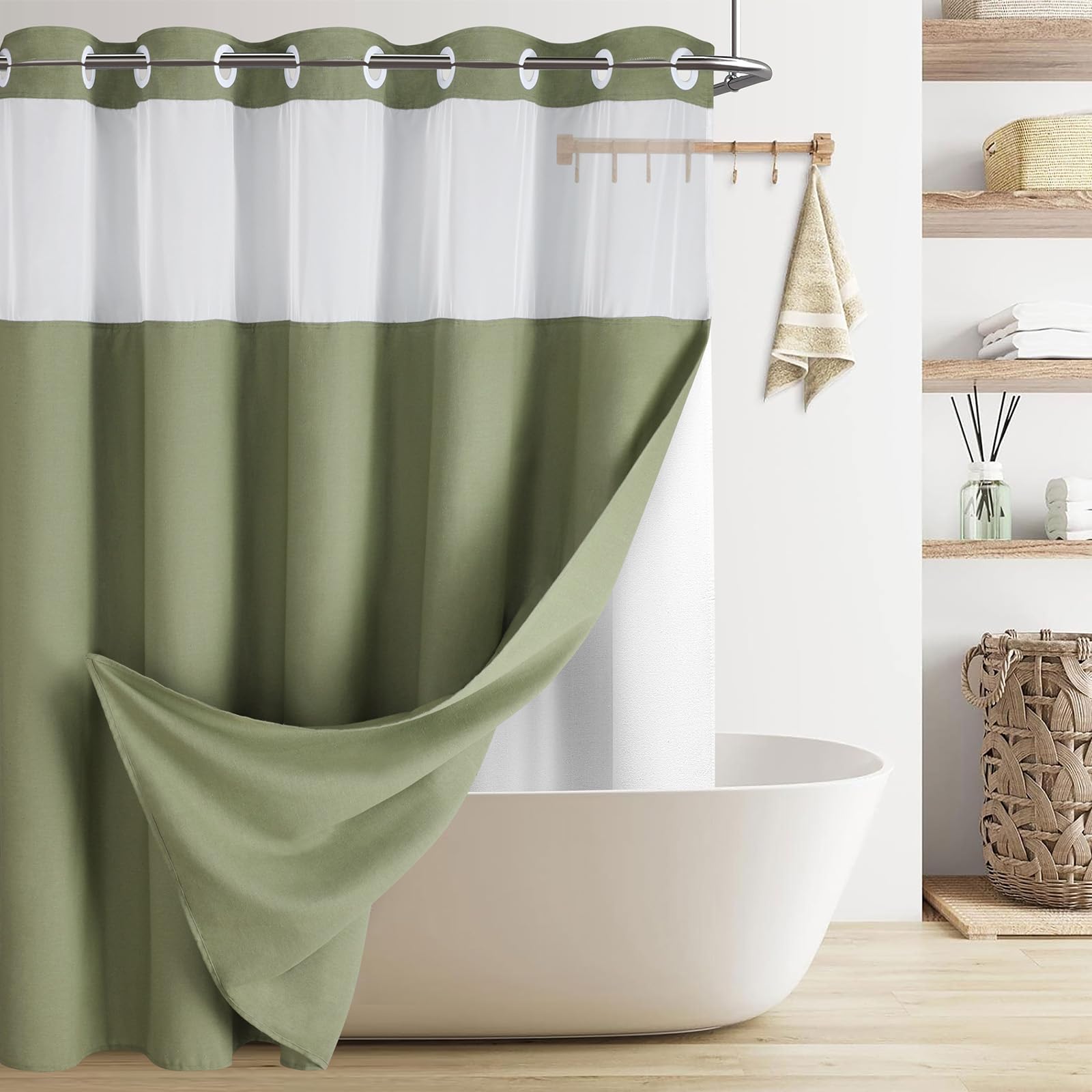 Awellife Linen Shower Curtain for Bathroom No Hook Shower Curtain with Snap in Liner Set Natural Sage Green 75" L x 72" W