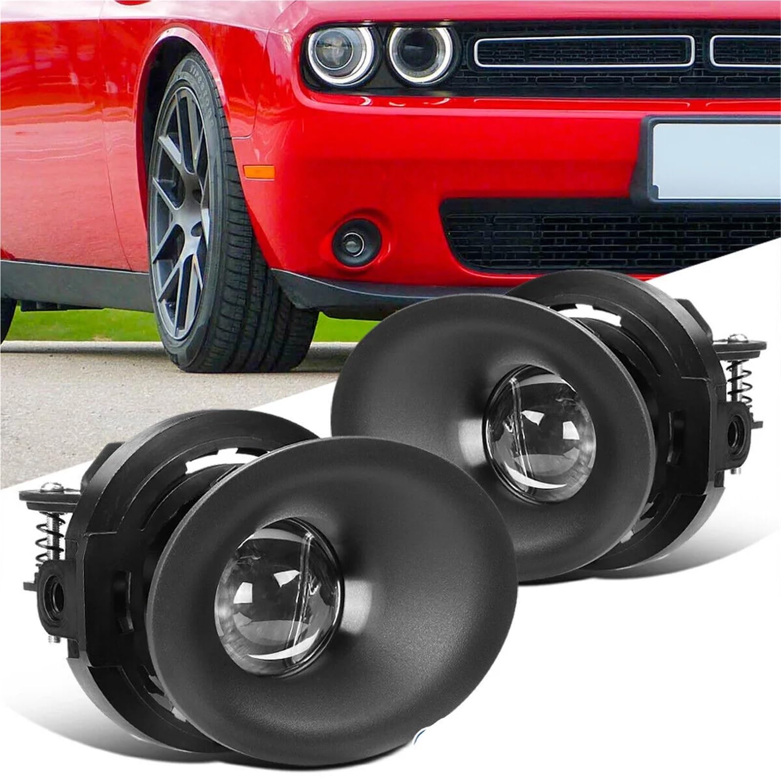 Kit fari fendinebbia + cablaggio + interruttore for Dodge Challenger 2015-2020, gruppo fari paraurti anteriore con lente trasparente, coppia di proiettori Halo
