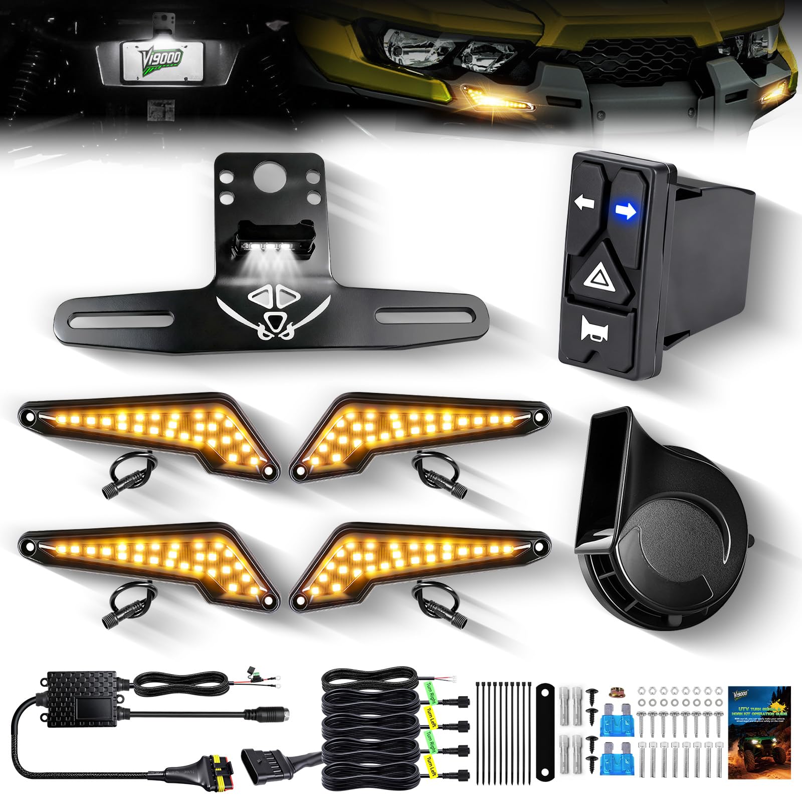 Photo 1 of VI9000 UTV Turn Signal Kit with 110D Horn, License Plate Holder w/Light, Universal UTV/ATV Blinker kit with Integrated Rocker Switch, Pre-Wired, Plug & Play Compatible with Polaris, Can-Am, CFMOTO