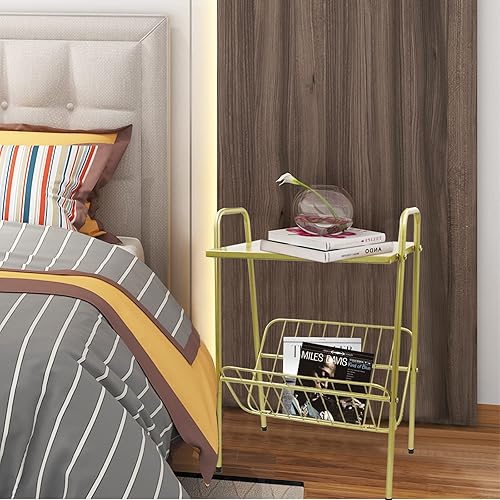 Miniatura 6 de Jbikao Juego de 2 mesas auxiliares doradas, mesita de noche pequeña, mesa auxiliar delgada, mesita de noche moderna para dormitorio, sala de estar,
