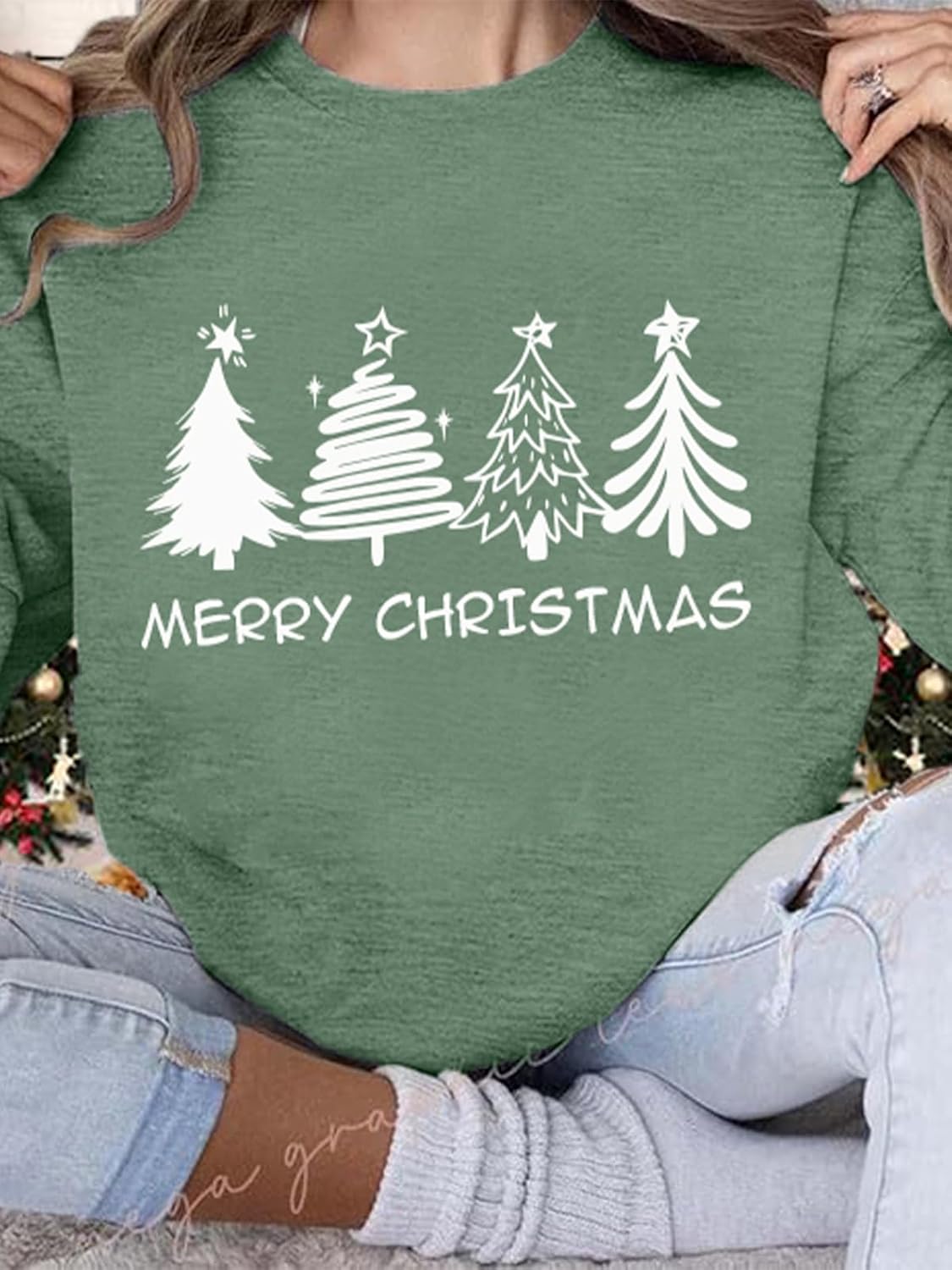 Womens Christmas Sweatshirt Christmas Tree Graphic Long Sleeve Shirts Xmas Holiday Pullover Tops Blouse - Image 4