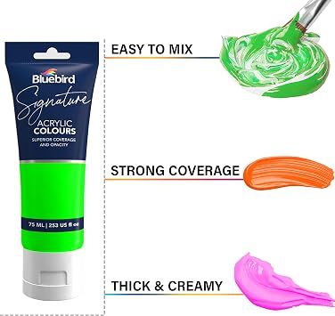 BLUEBIRD Signature Neon Acrylic Paint Set, Fluorescent Colors, 6-Pack 2.5 Fl Oz Tubes, Heavy Body, Acrylic Paints For Professionals, Students, Adults, Artists