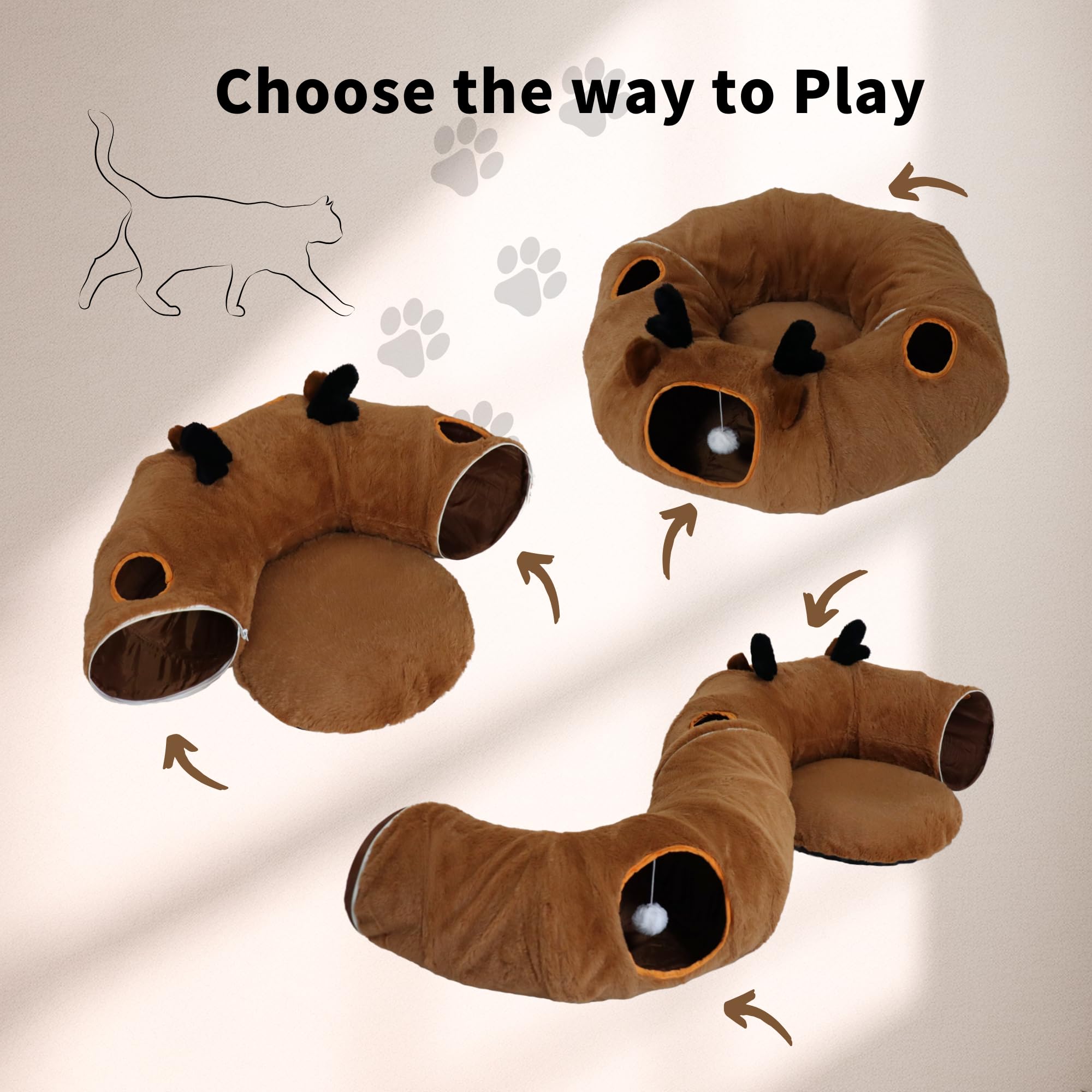 Cama de túnel para gatos de interior con cojín lavable, túnel de dona con bola esponjosa, tubo redondo grande, juguete de parque para mascotas, juguete de felpa suave para gatitos, gatos, cachorros