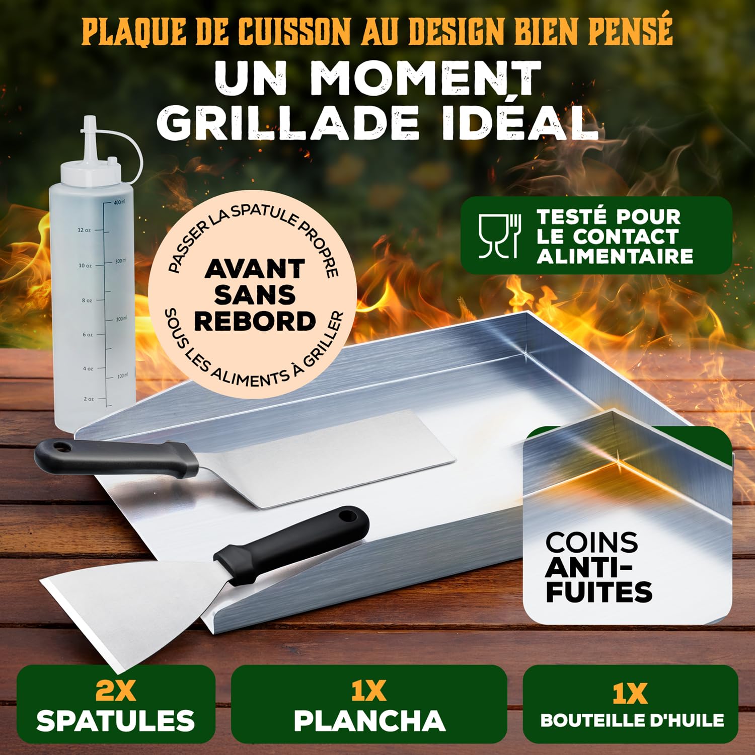 Blumtal set piastra per barbecue plancha in acciaio inox con 2 spatole e bottiglia per olio - 30x40 cm piastra acciaio per barbecue - piastra barbecue gas per aromi perfetti - plancha a gas robusta