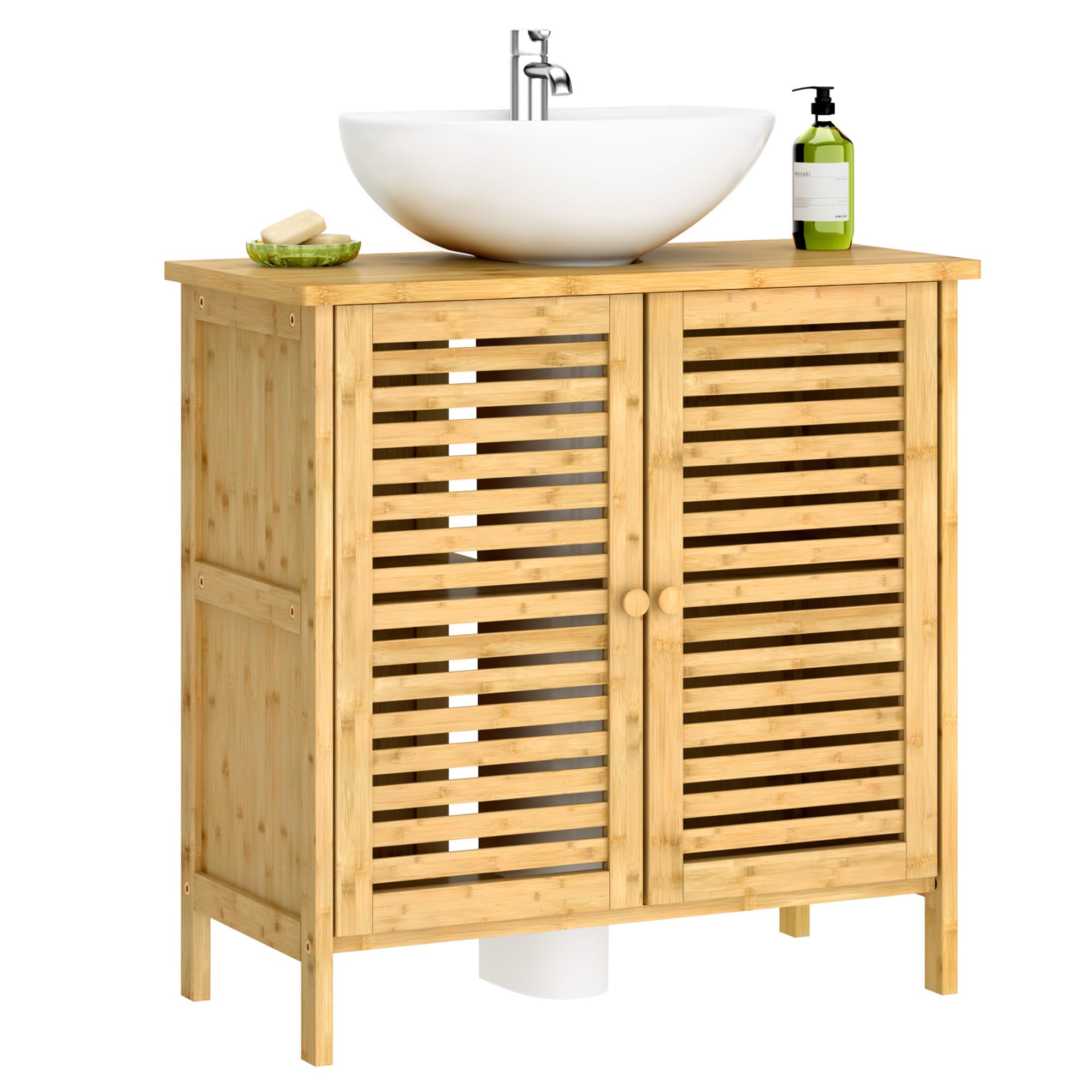 SogesPower Mobile lavabo in bambù, mobiletto lavabo con ante e ripiani, mobiletto per lavandino, mobiletto bagno in bambù