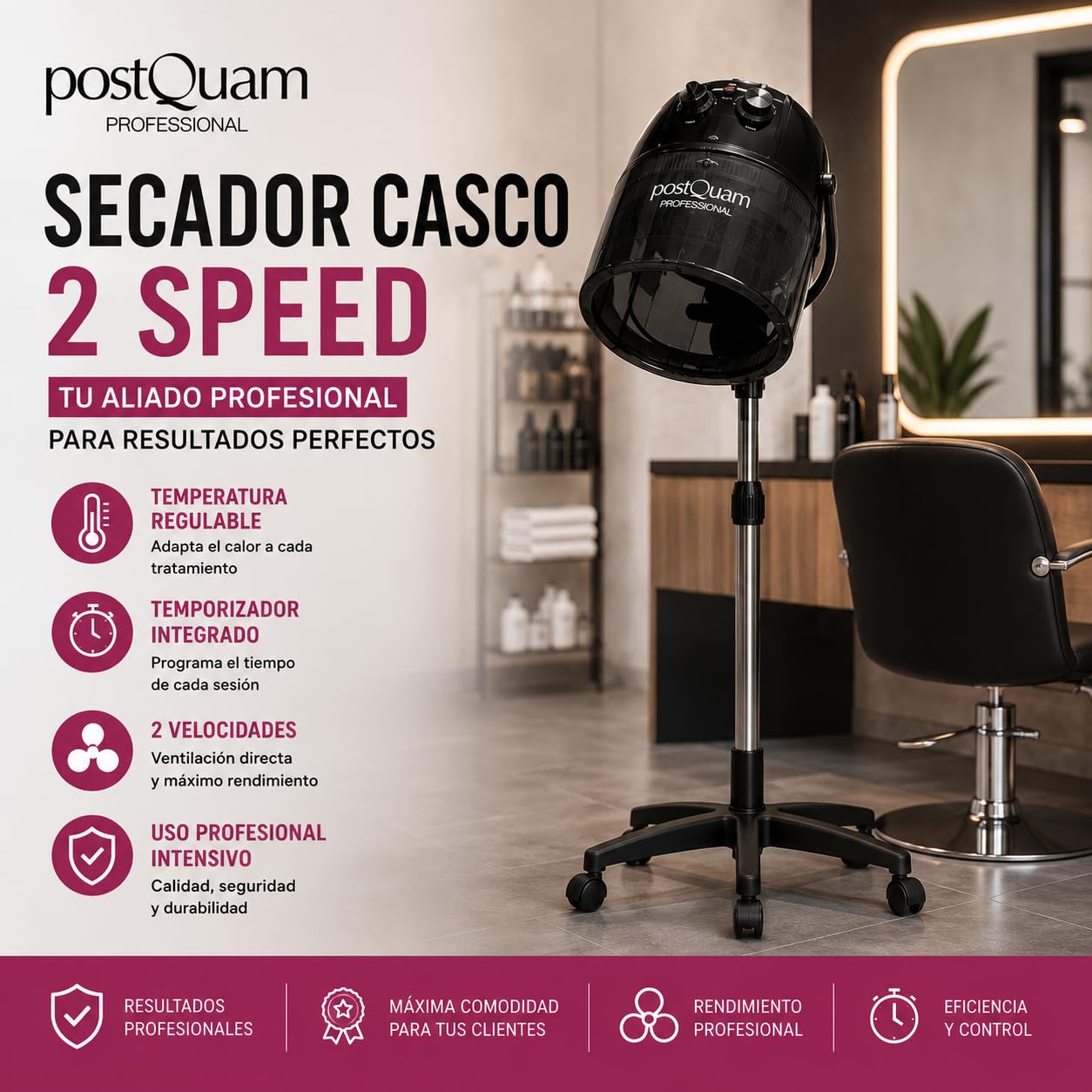 PostQuam – Sèche-cheveux à casque sur pied avec thermorégulateur et minuterie – Capot en plastique fumé avec couvercle – Hauteur réglable (86-122 cm) avec roulettes – Usage professionnel