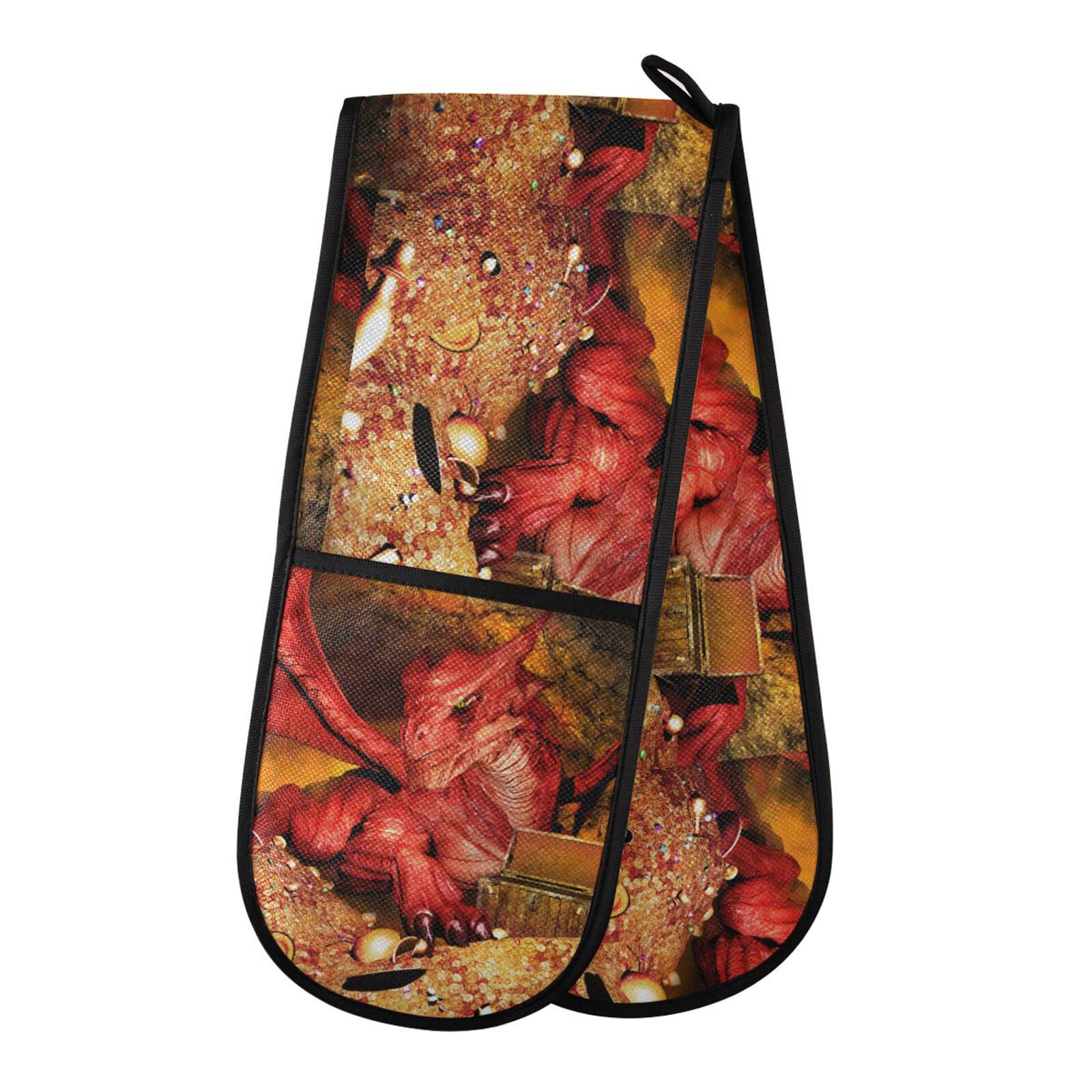 Double Oven Glove Red Dragon Fantasy Heat Resistant Double Ovens Mitt Modern Cooking Gloves Potholders