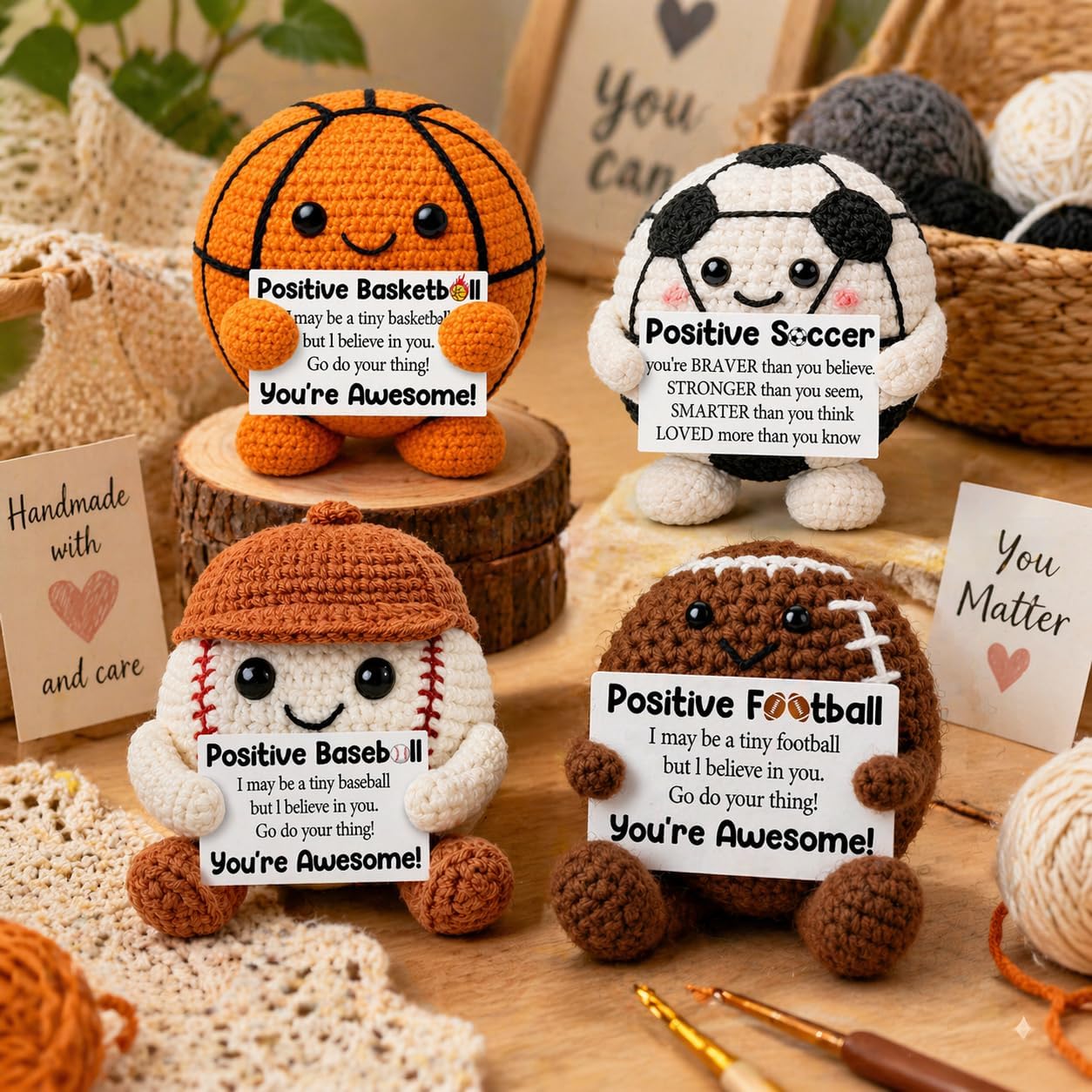 4 Pcs Mini Funny Positive Sports Crochet Mothers Day Birthday Gifts for Mom Men Women, Soccer Basketball Football Baseball Player Gift for Teen Boys Girls, Team Gifts Coach Teacher Thank You Gift