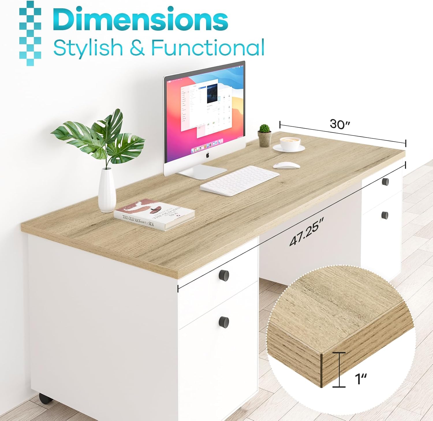 Kaboon 48x30 inches Tabletop, Solid One-Piece Desktop for Sit Stand Desk, Double Desks, L Desk DIY,Wood Countertop Home or Commercial Use,1 inch Thick, Light Oak, 30" D x 47.25" W