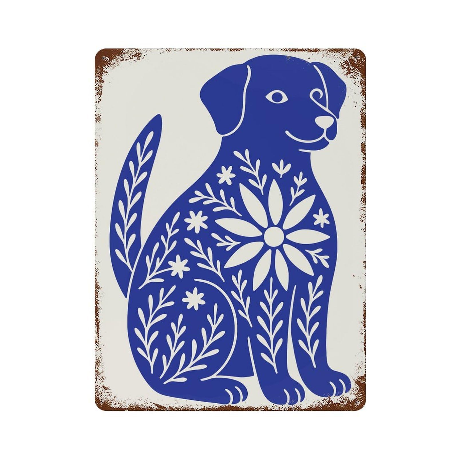 Blue Dog Floral Illustration Rust Effect Tin Sign 15.7"x11.8", Industrial Home Decor for Garage, Pub Or Kitchen