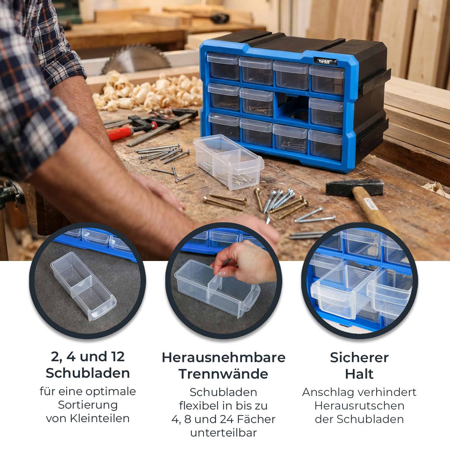HMF Sortierbox für Kleinteile mit Schubladen, 3er Set, erweiterbarer Sortimentskasten für Schrauben und Werkzeug | 36 Fächer | 29,5 x 19,5 x 16 cm | Blau-Schwarz