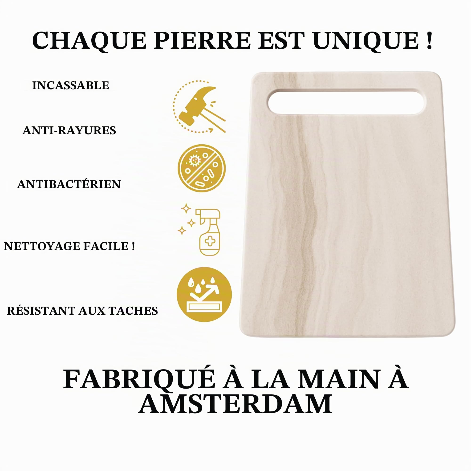 Planche à découper en porcelaine – Antibactérienne & incassable – N'absorbe pas les odeurs ni les couleurs – Hygiénique & Durable – Design naturel unique – Accessoire de cuisine lavable au