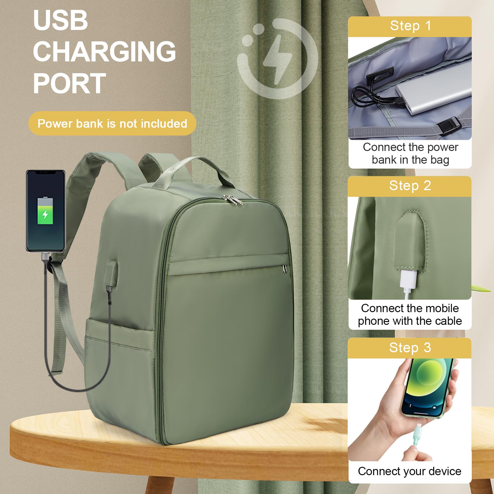 HPLQQ Zaino Bagaglio a Mano Borse da Cabina per Easyjet 45x36x20 Zaino Aereo Zaino da Viaggio donna, Borsa da Viaggio aereo Impermeabile 15.6 Pollici Zaino Casual Porta PC,M1-grigio Verde