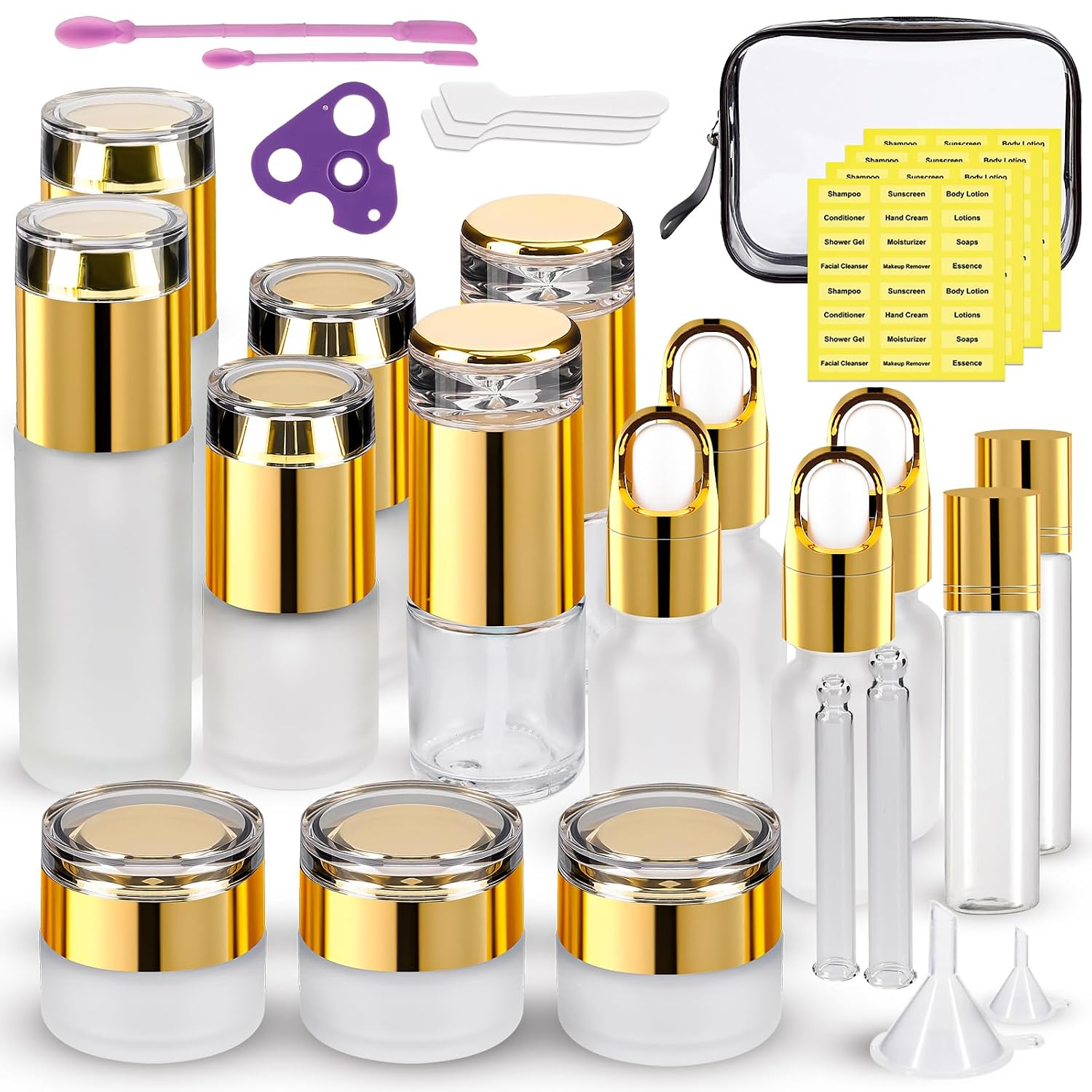 KOUWICH 30 Pack TSA Approved Glass Travel Skincare Containers, 1.3/1/0.7/0.3oz Refillable Traveling Size Containers with Pump, Jars & Essential Oil Bottle in Clear Zip Bag, Leak-Proof for Creams & Liquids