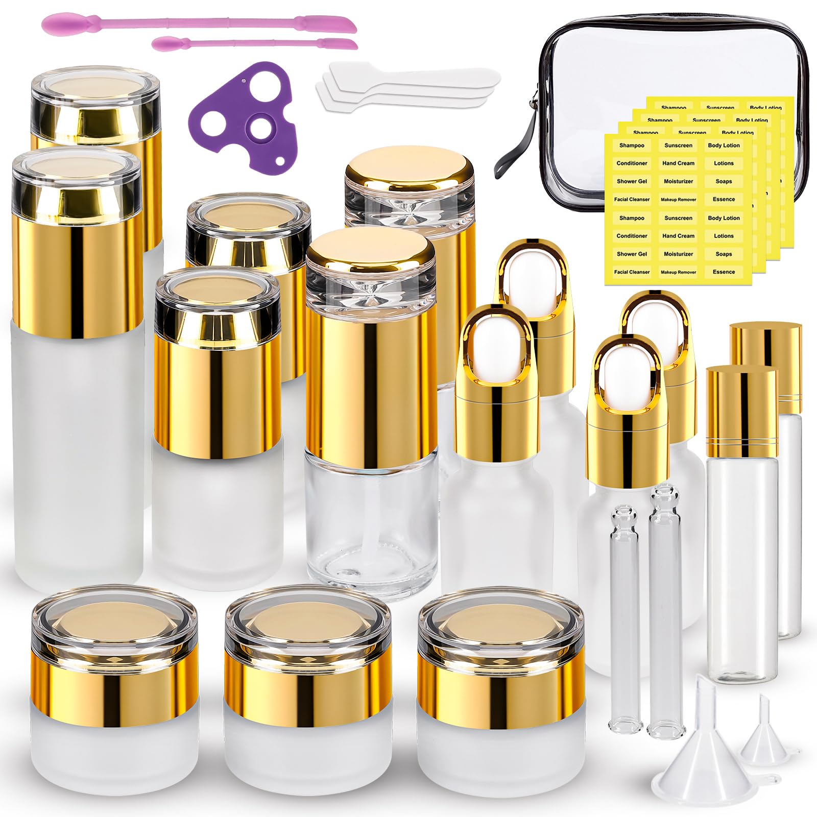 Confezione da 30 contenitori da viaggio in vetro per la cura della pelle, approvati TSA, da 1,3/1/0,7/8,5 g, contenitori da viaggio ricaricabili con pompa, barattoli e bottiglia di olio essenziale, in