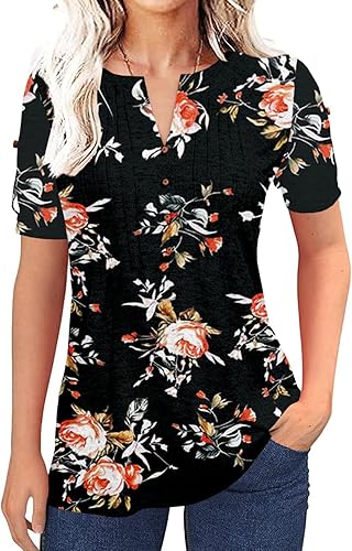 Camiseta de verano de manga corta plisada con botones para mujer, diseño de estilo casual con cuello en V, unicolor