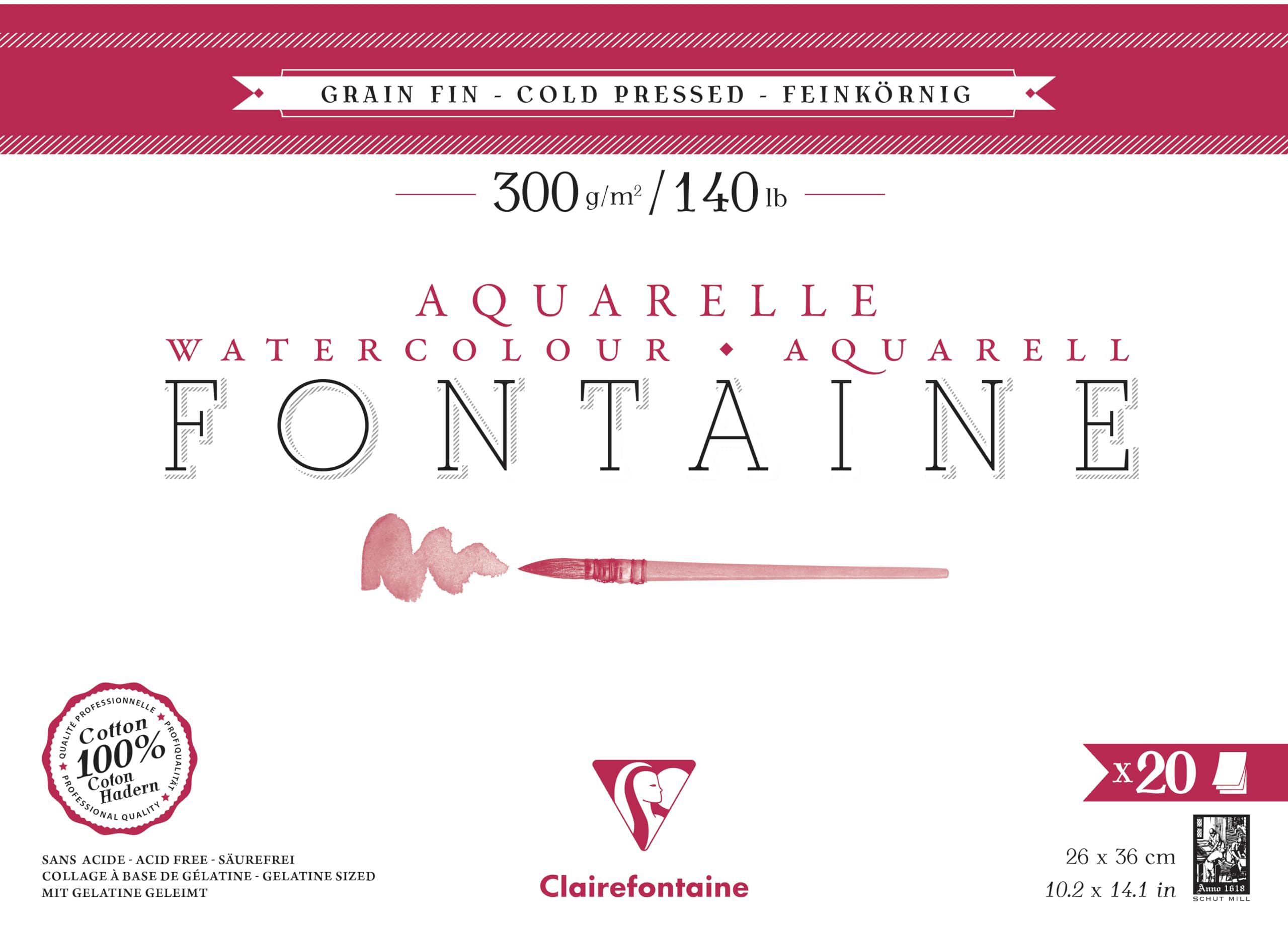 Clairefontaine 975501C Blok do akwareli klejony z 4 stron Fontaine – 20 arkuszy białego papieru akwarelowego 100% bawełna, faktura drobna, Format 26x36 cm 300 g