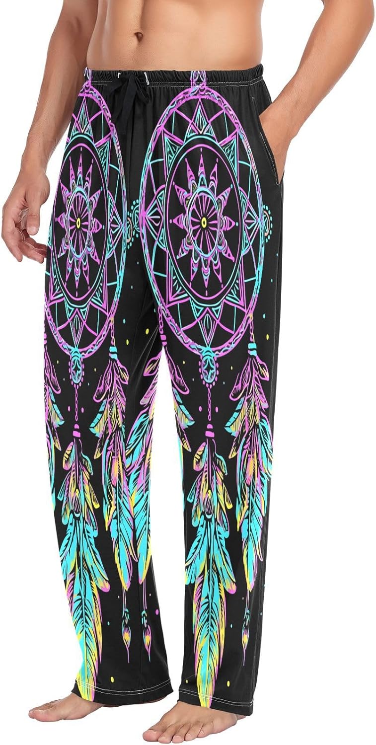 ALAZA Rainbow Dreamcatcher Boho Men's Pajama Pants Men Cotton Pajama Bottoms with Pockets, S