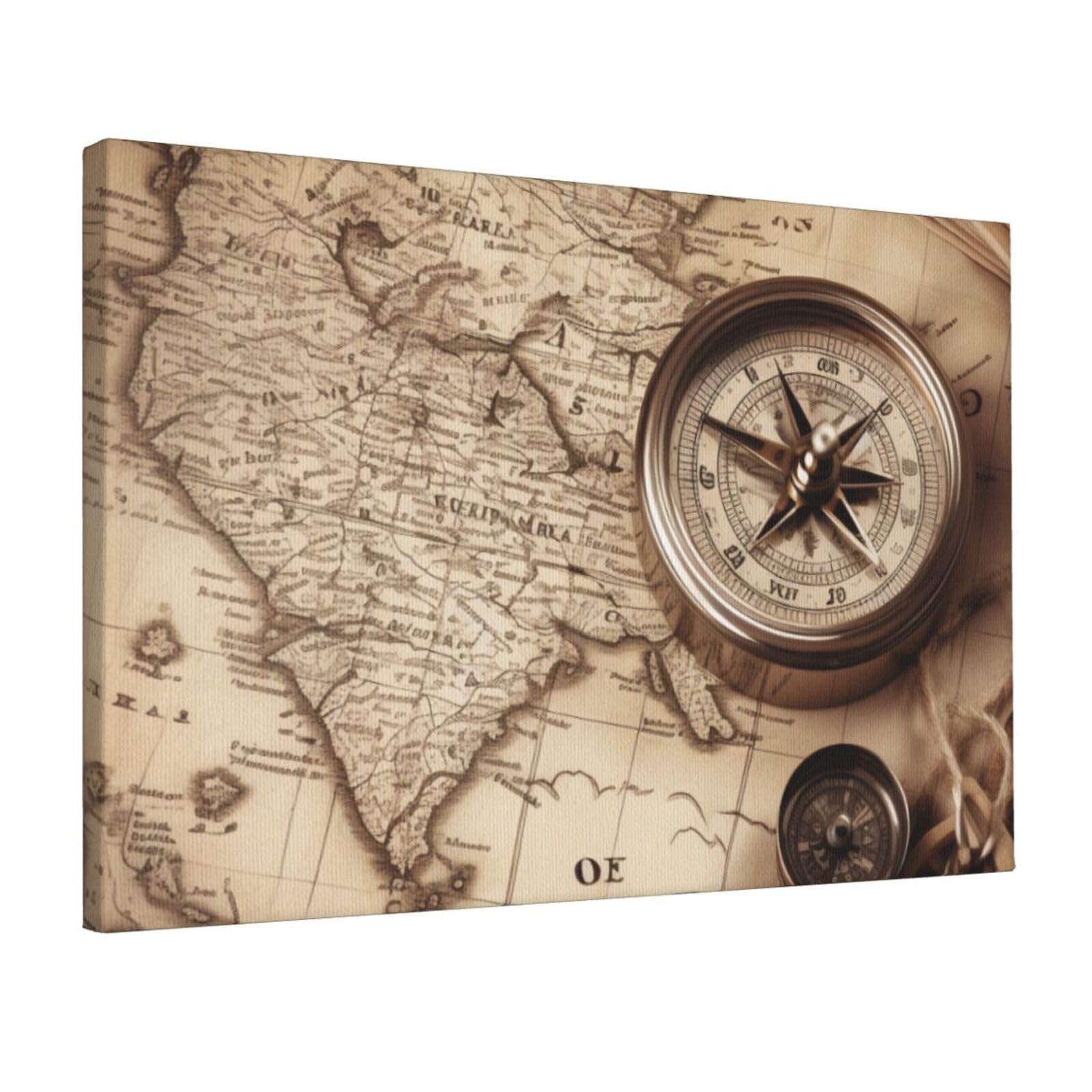 YKLJG Compass Map Nautical Printed Wall Art Canvas Prints 45x30 CM Wooden Framed Picture Painting Artwork for Bedroom Kitchen Home Office Decor