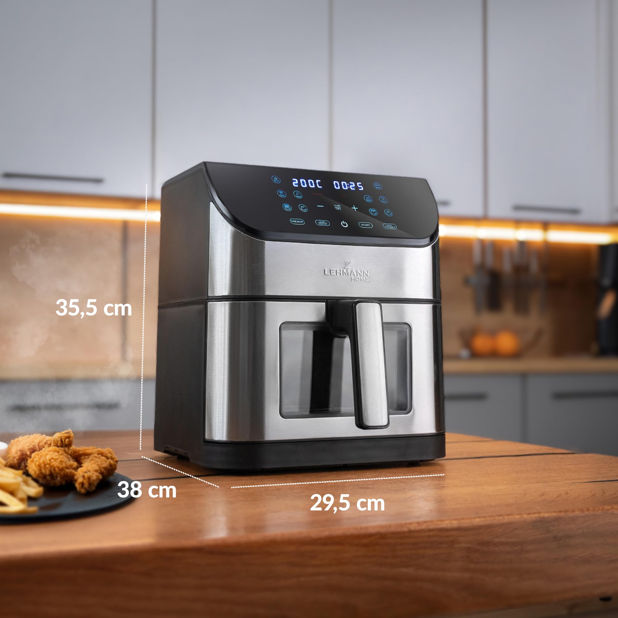 LEHMANN Air Fryer 8L avec Compartiment Flexible Dual Zone, Fenêtre, 12 programmes, Réglage Température 76-200°C, Écran Tactile LED, Revêtement Antiadhésif, 90% de Matières Grasses en Moins
