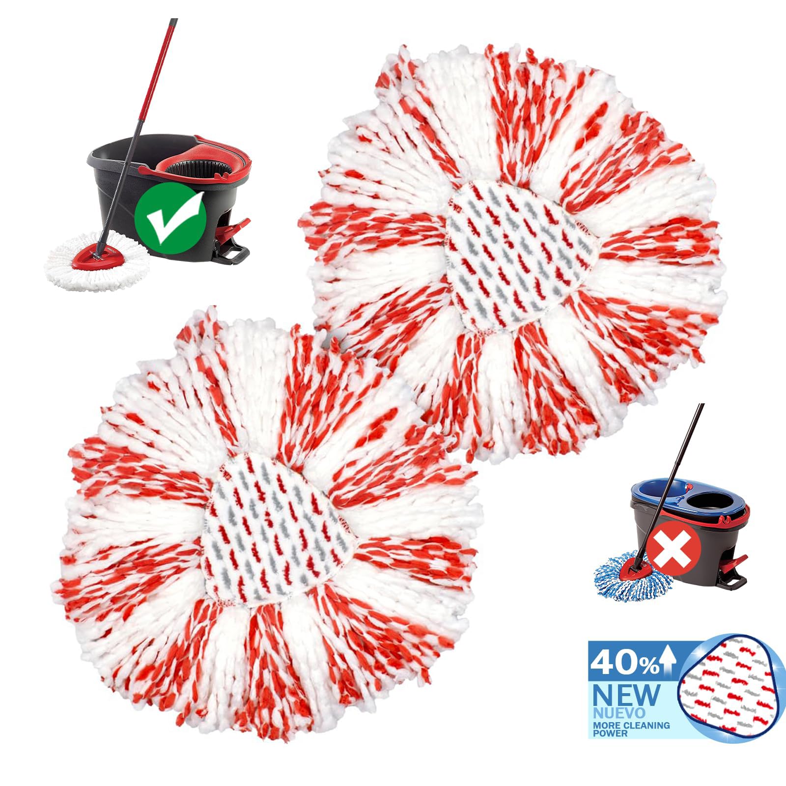 2 Pack Mop Heads Replacements for Ocedar Easy Wring 1-Tank System, Mop Replace Head 40% More Cleaning Power,Compatible with O-Cedar