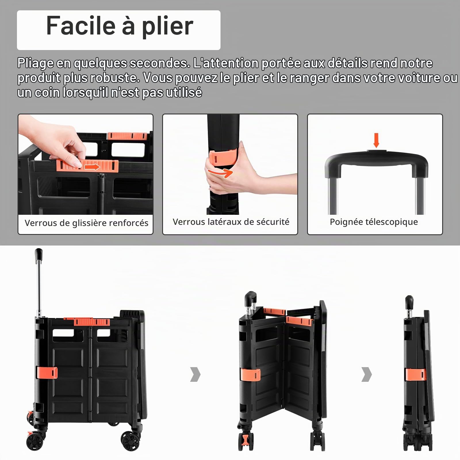 Chariot de courses pliable avec couvercle, 60 l, jusqu'à 80 kg, poignée