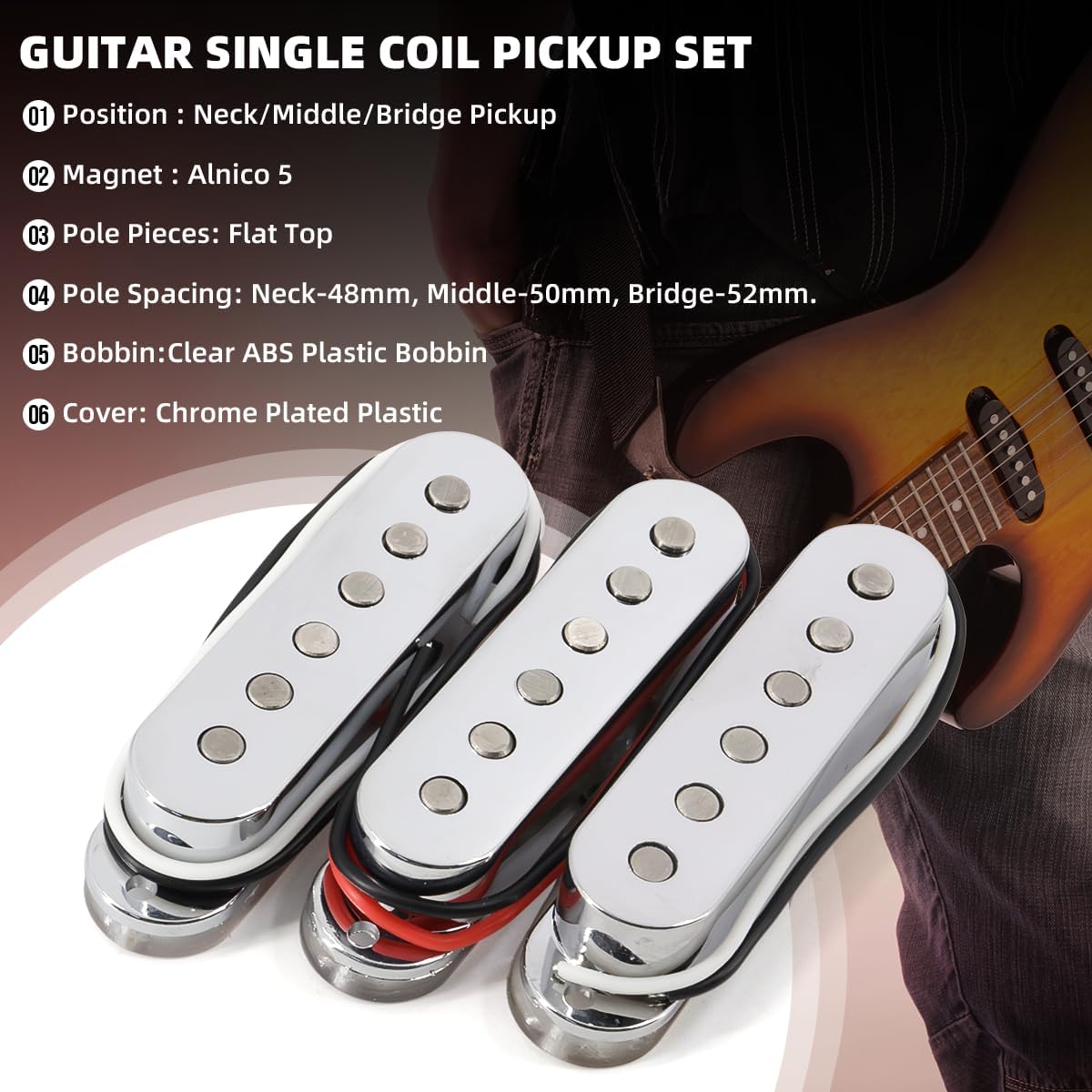 Alnico 5 Strat Pickup Single Coil Pickups Set SSS for Stratocaster Electric Guitar Replacement Part (Chrome)