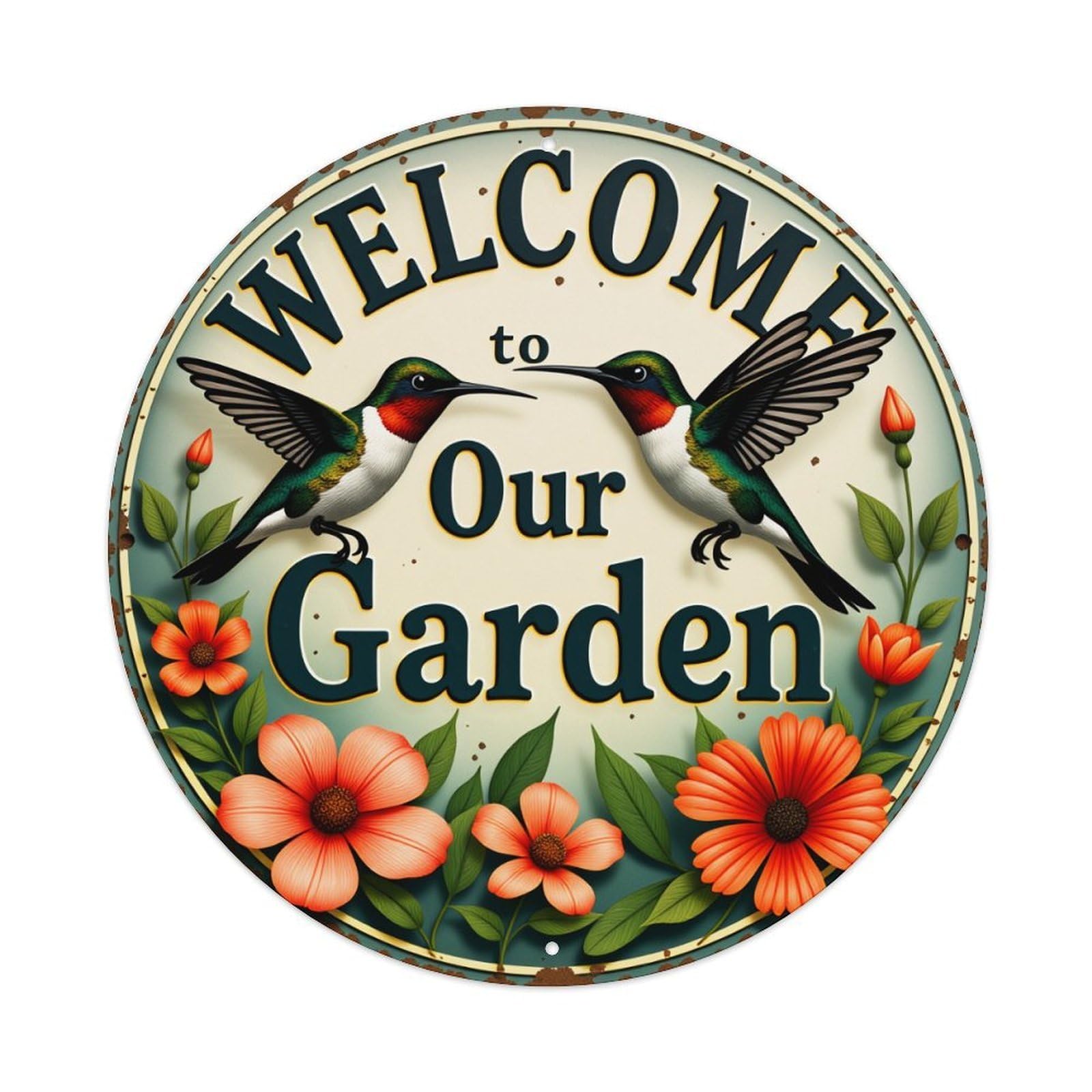Welcome To Our Garden Hummingbirds Flowers Round Tin Sign Vintage Metal Poster Retro Bar, Home, Man Cave, Kitchen, Laundry Room Wall Art Decor Gift 8x8Inch