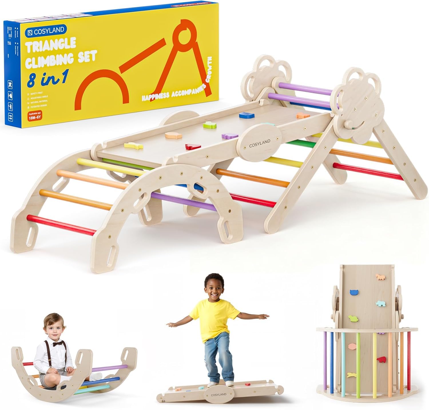 COSYLAND Arrampicata per Bambini 8 in 1, Triangolo Pikler, Colori Mix | Regolabile e Pieghevole in Legno, Scivolo Reversibile e Arco Montessori, 18 Mesi-6 Anni, da Interno, Scatola Regalo