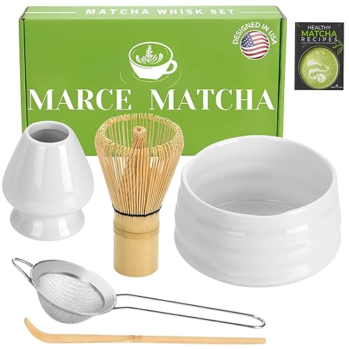 Marce Matcha Whisk Set- Matcha Set includes Matcha Whisk and Bowl (Matcha Bowl), Sifter, Holder and Scoop- The Perfect Bamboo Whisk for Matcha Tea (White) - White