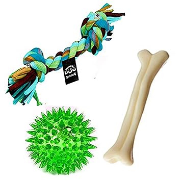 BLACKDOG Puppies Combo Toys for Dogs Squeaky Chew Ball Toy, Two Knot Chew Rope Toy, Nylon Chew Bone Toys for Puppies - Pack of 3