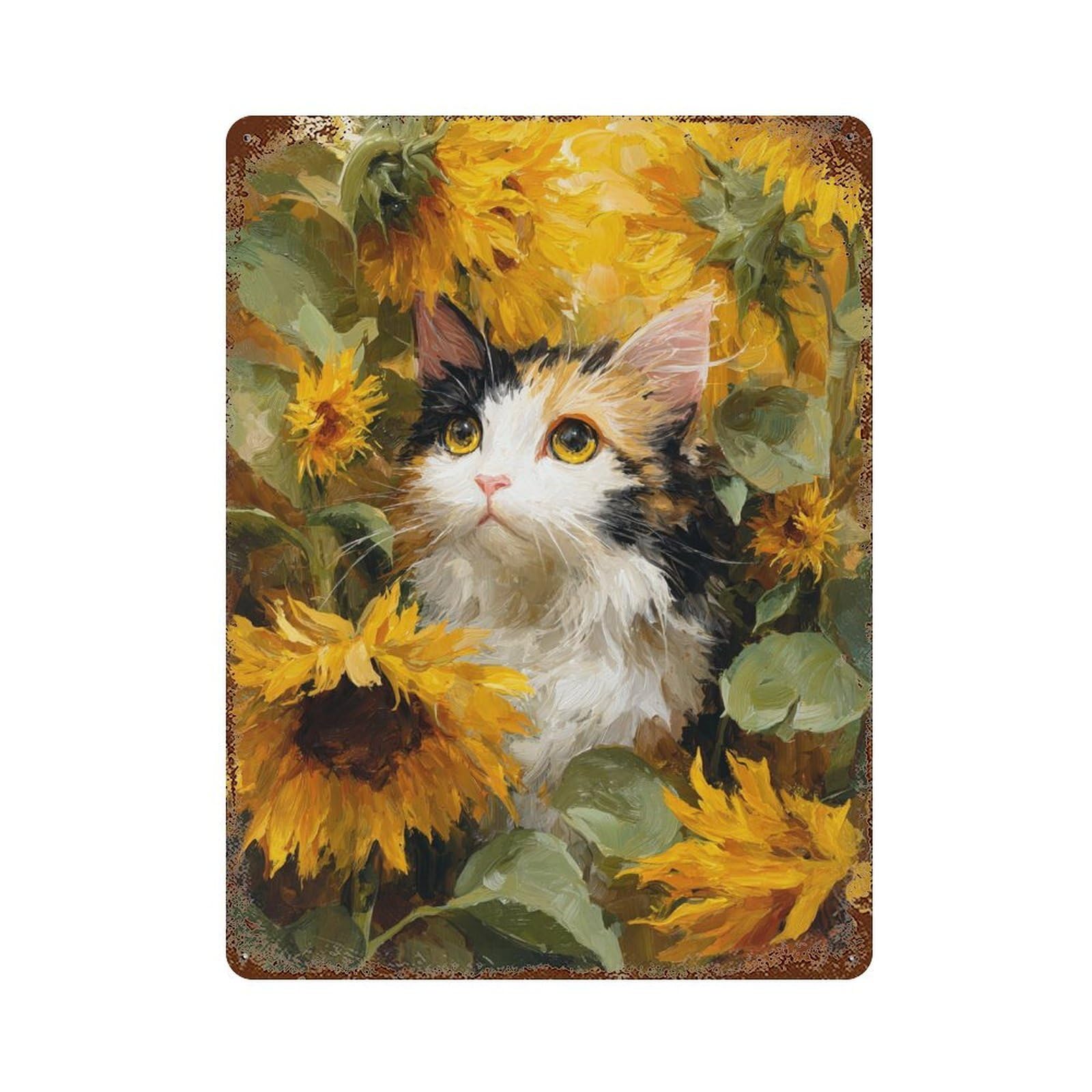 Garage Style Sunflower Cat Garden Rust Effect Tin Sign 15.7"x11.8", Industrial Home Decor for Bar And Workshop
