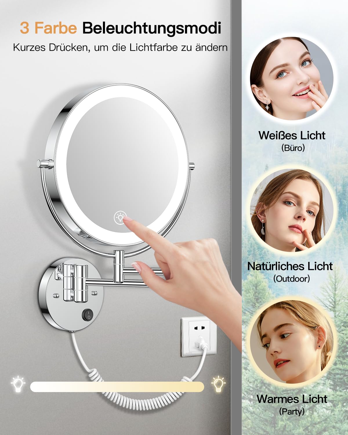 Gospire 9'' Wandmontage Schminkspiegel mit Beleuchtung mit 3 Farben & Dimmable, 1X/10X Vergrößerung LED Doppelseitiger Kosmetikspiegel, Verlängerbarer Spiegel 360° Schwenkbarer Rasierspiegel, Chrom