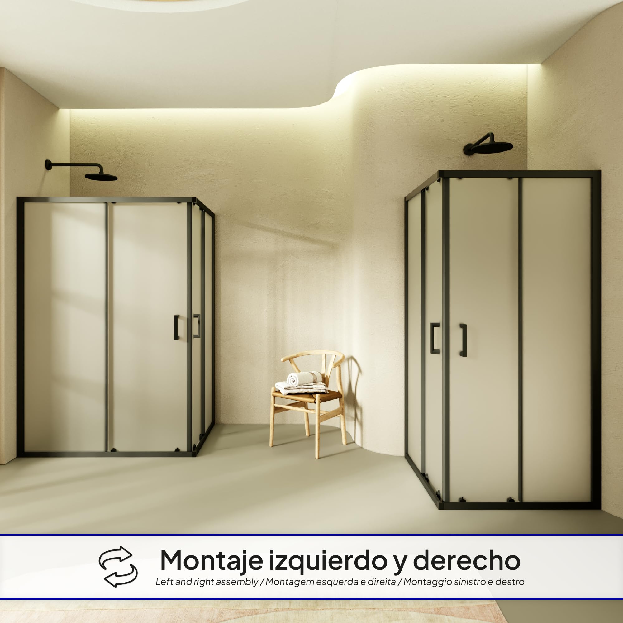 Mampara de Ducha Diana 80x100x180cm | REVERSIBLE | Puertas correderas, Ajuste 77,5-79,5 x 97,5-99,5cm | Perfiles Negros, cristal de seguridad ESG Satinado de 6mm