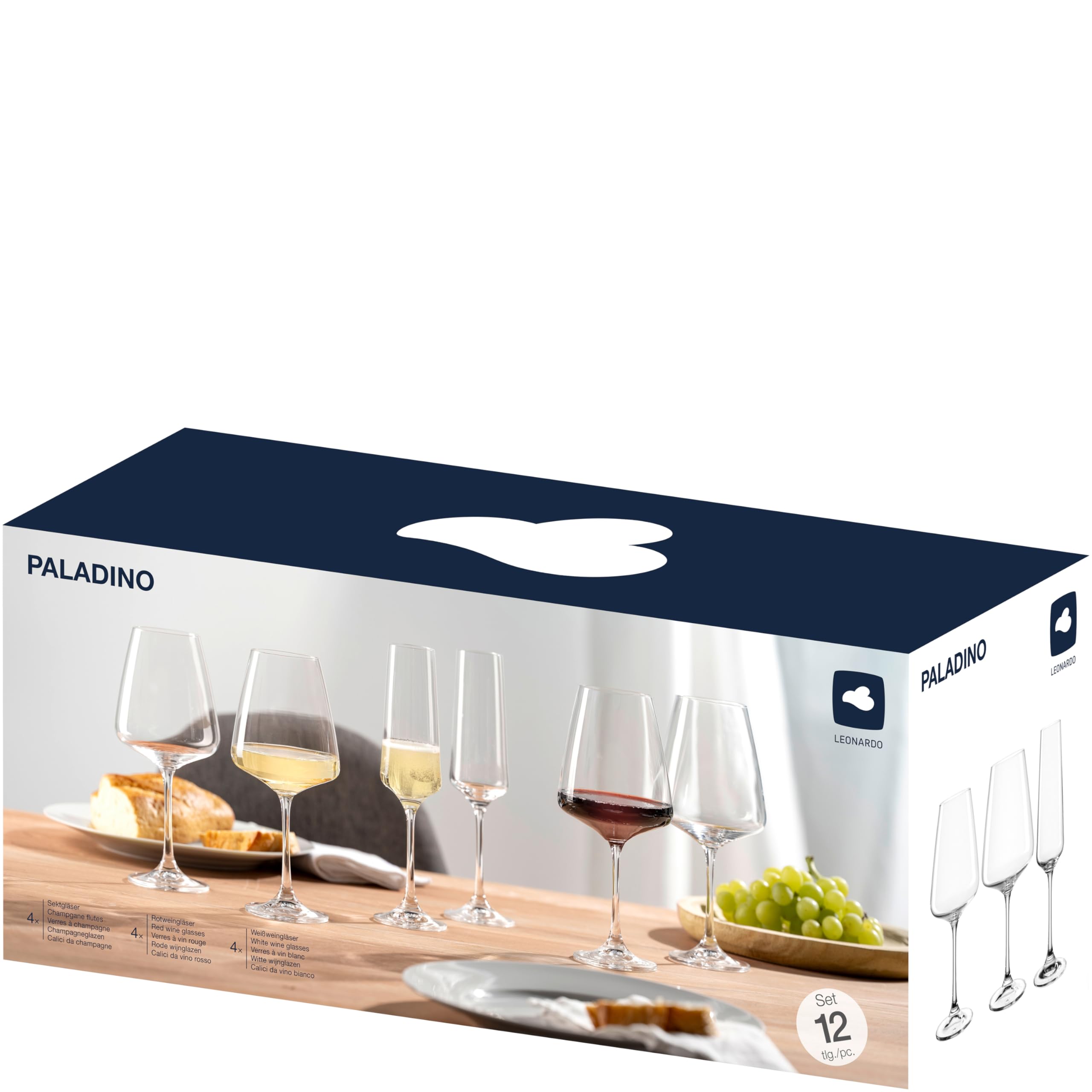Leonardo Paladino 066313 - Set di 12 bicchieri per vino bianco, vino rosso e spumante, lavabili in lavastoviglie, bicchieri da spumante e vino
