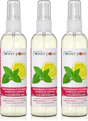 Natural Flower Power Ambientador en aerosol Menta y limón 4 onzas líquidas Paquete de 3 Perfumado con aceites esenciales puros Eliminador de