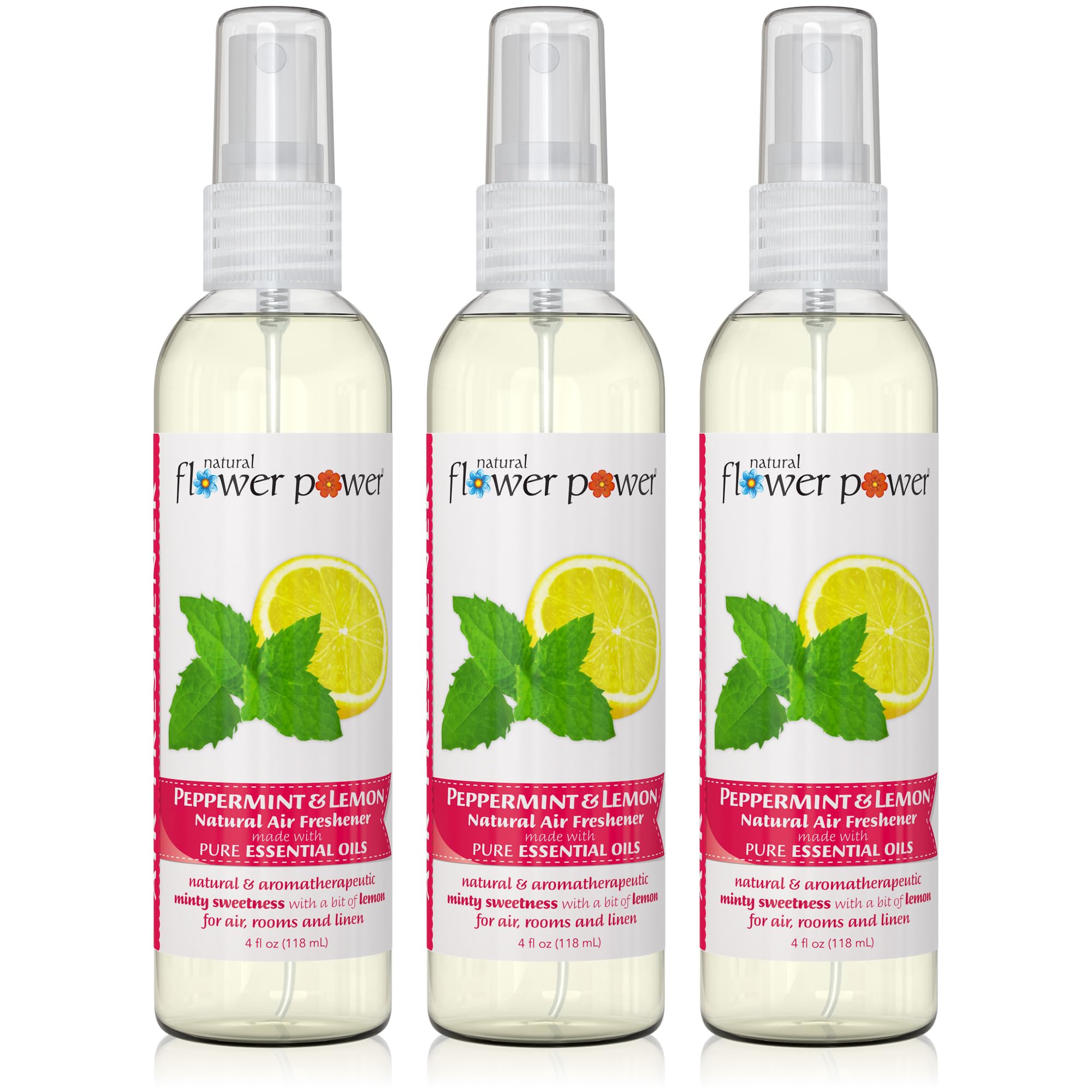 Natural Flower Power Air Freshener Spray - Odor Eliminator with Essential Oils for the Home, Car & Fabric - Cruelty Free & Vegan - Peppermint & Lemon