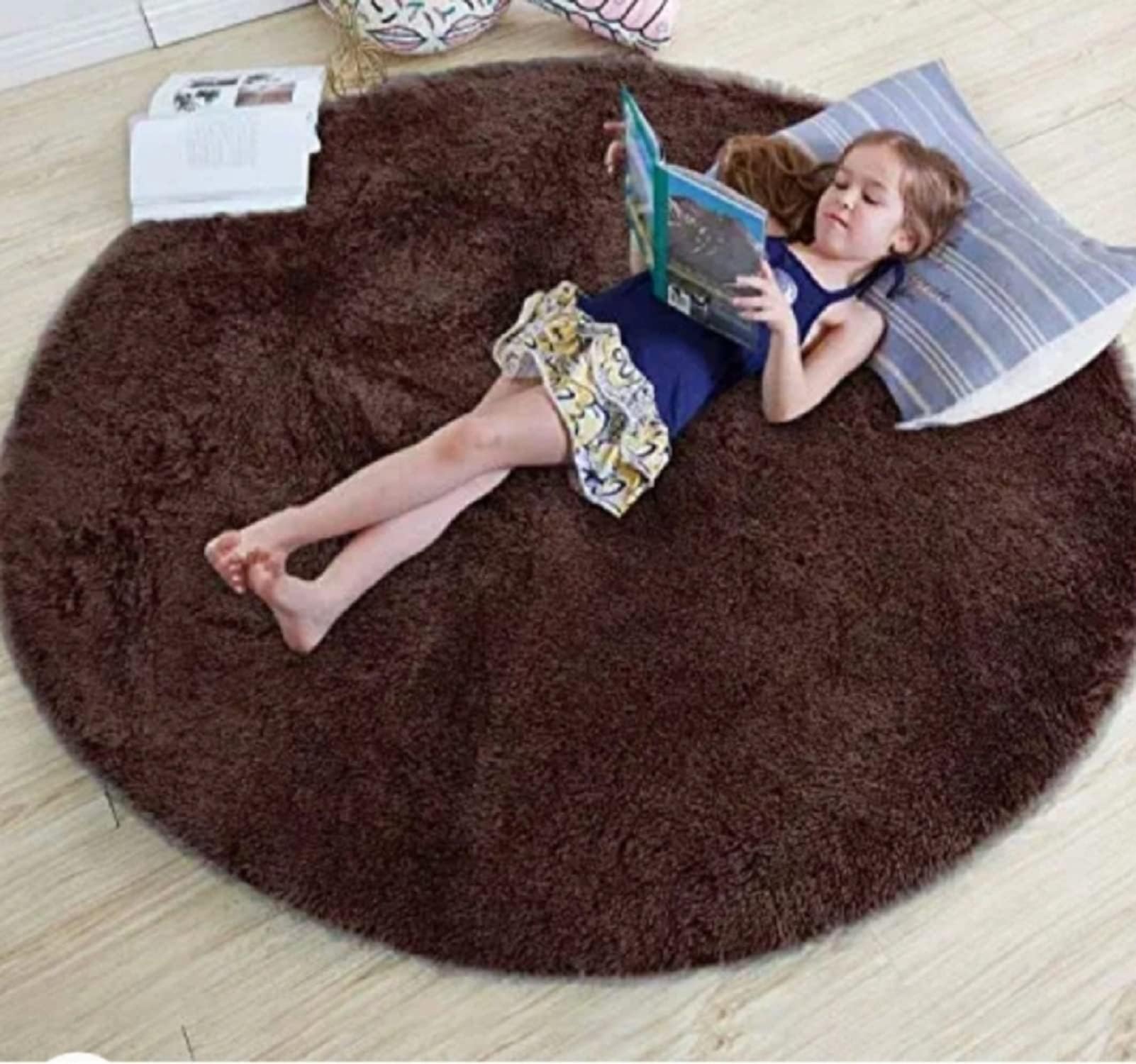 FR Creations Modern Polyester Anti Slip Round Shaggy Fluffy Fur Rug and Carpet for Living Room, Bedroom,Offices, Kitchens(2x2 Feet)-Brown