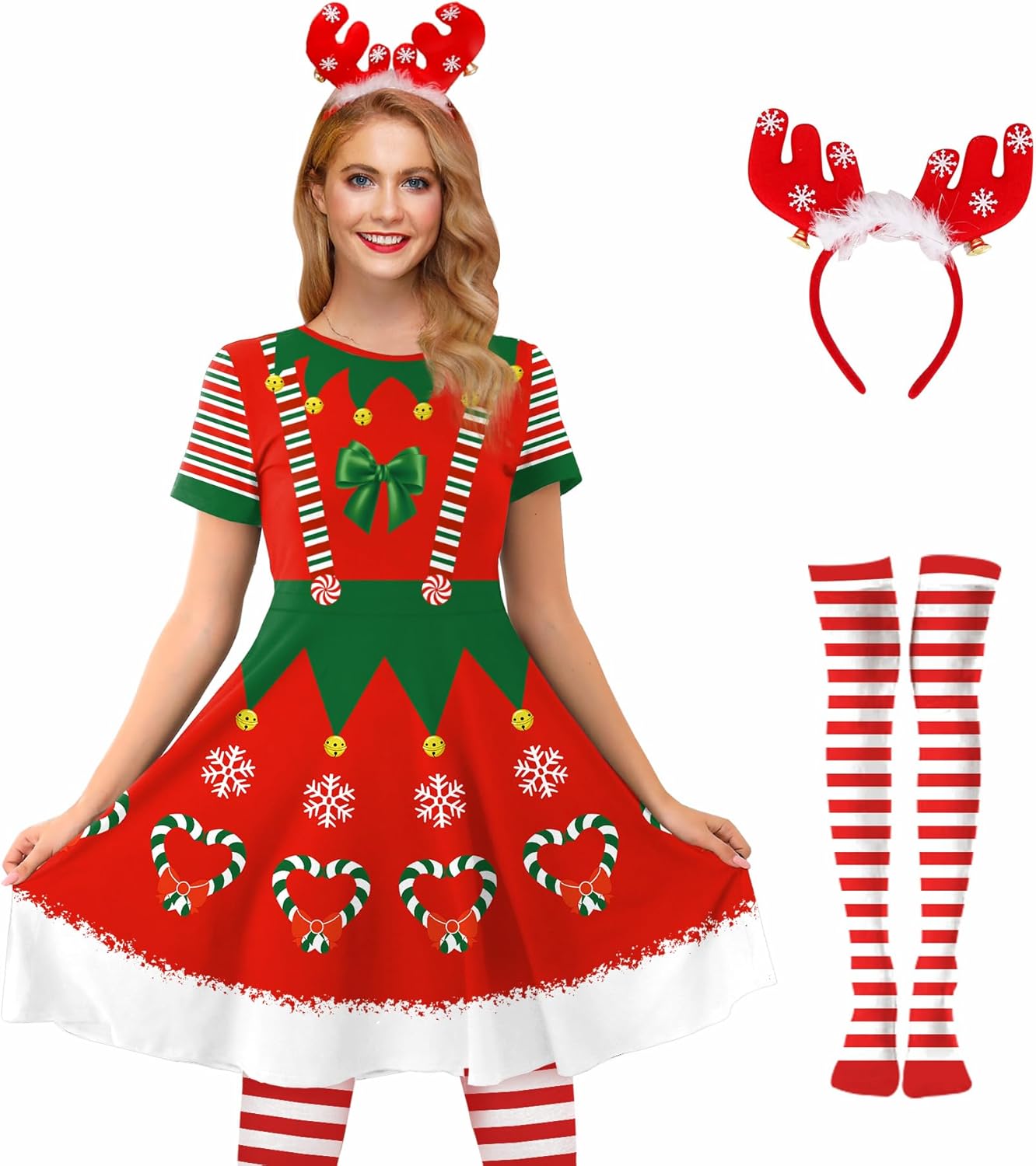 For G and PL Women's Christmas Elf Costume Short Sleeve Red Green Graphic Swing Dress with Headband and Striped Socks